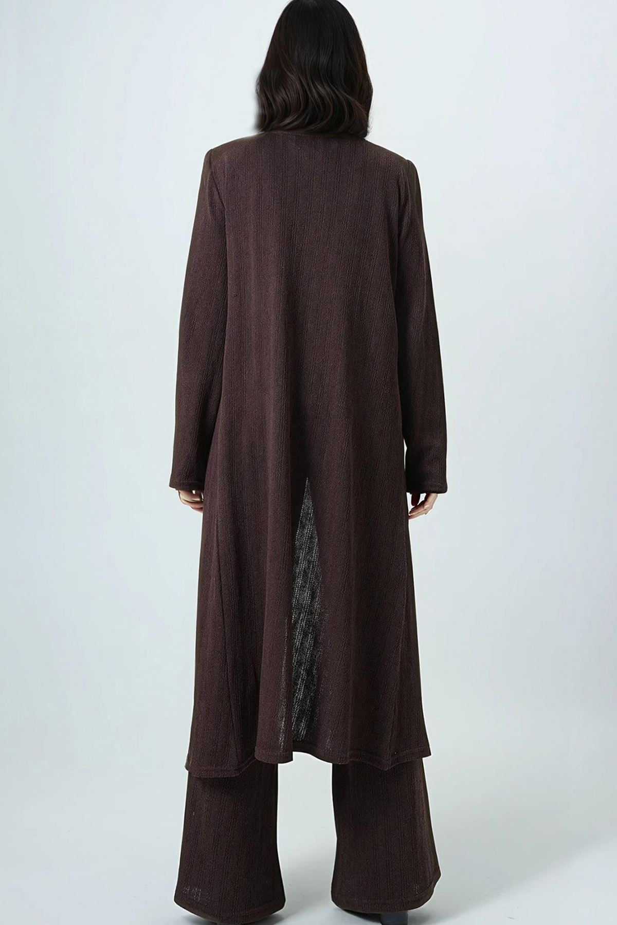 Kadın Kahverengi Bisiklet Yaka Omzu Vatkalı Dokulu Bluz Pantolon Ve Hırkalı 3 Lü Takım ALC-X14703