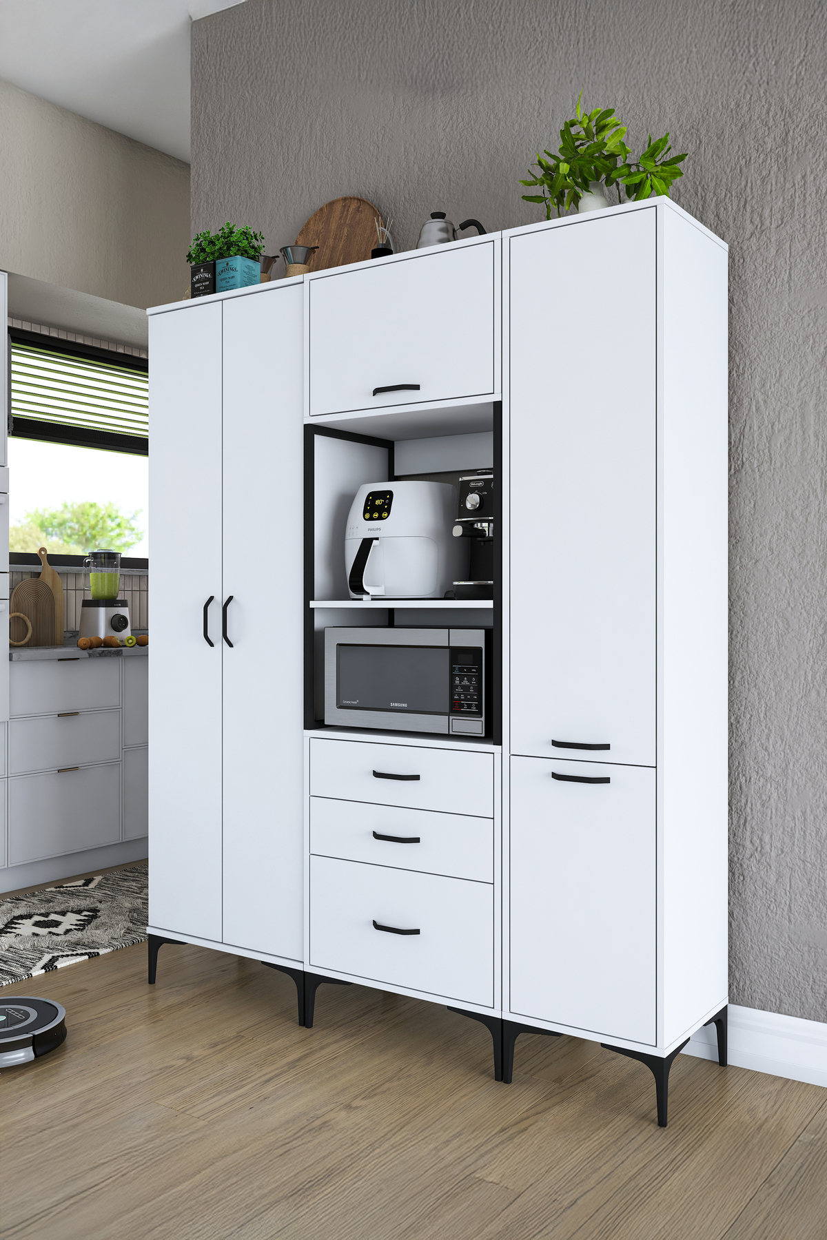 Rani JE144 Multipurpose Cabinet 5 Door 3 Drawer Pantry Kitchen Cabinet White
