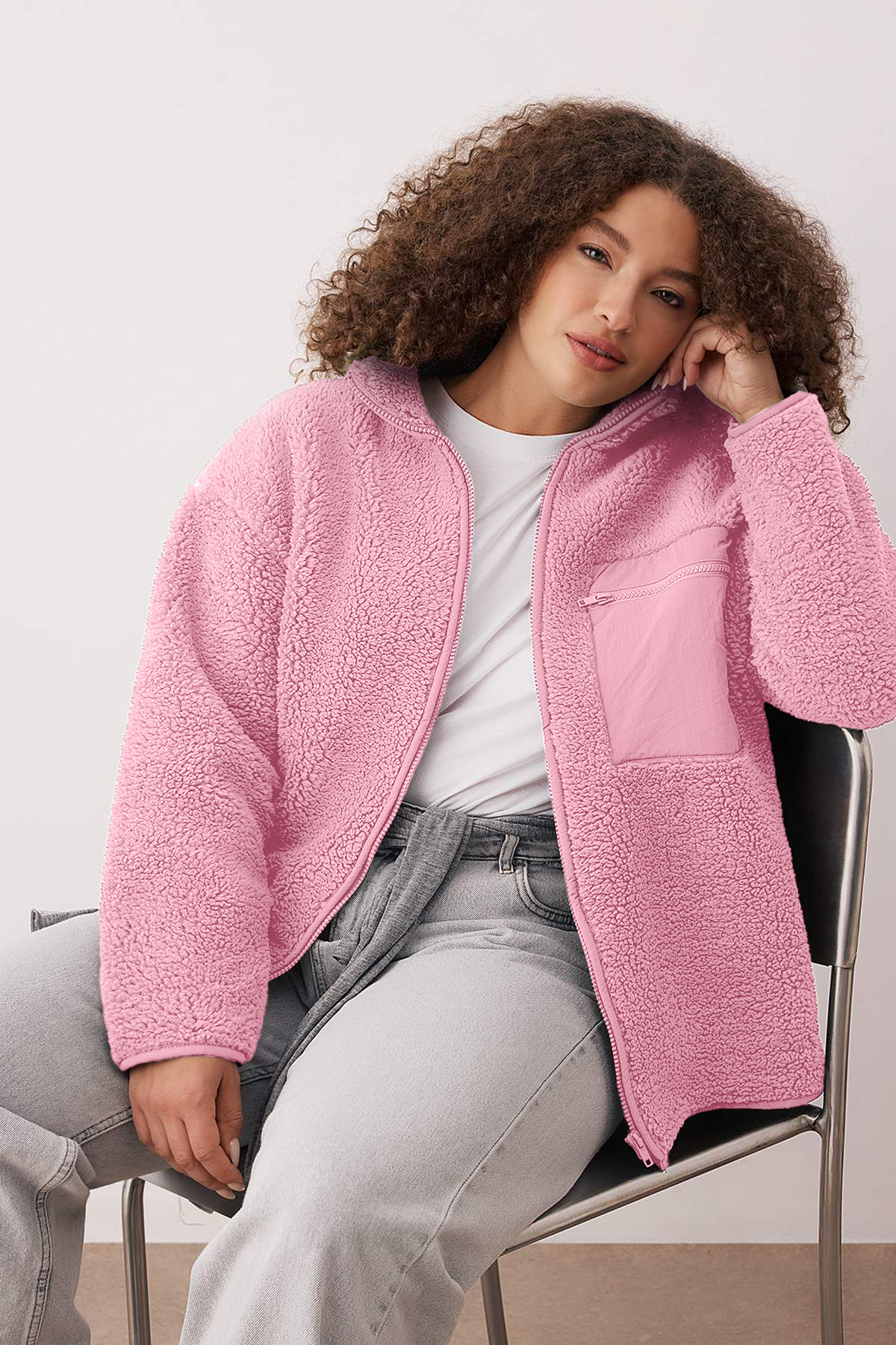 Trendyol Curve Winter Essentials Rosa dickes Fleece-Sweatshirt mit Reißverschluss, Stehkragen und Taschen, gestrickt, TBBAW26AO00022