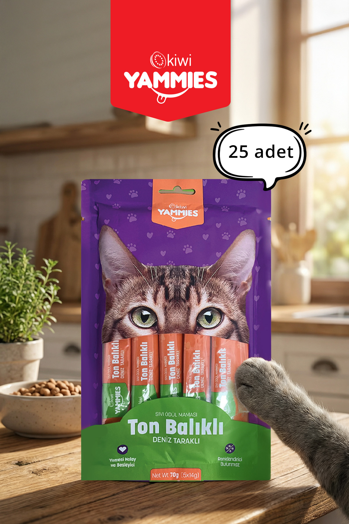 Kiwi Yammies KYCC-50351 Ton Balıklı Deniz Taraklı Sıvı Kedi Ödül Maması *5 Paket