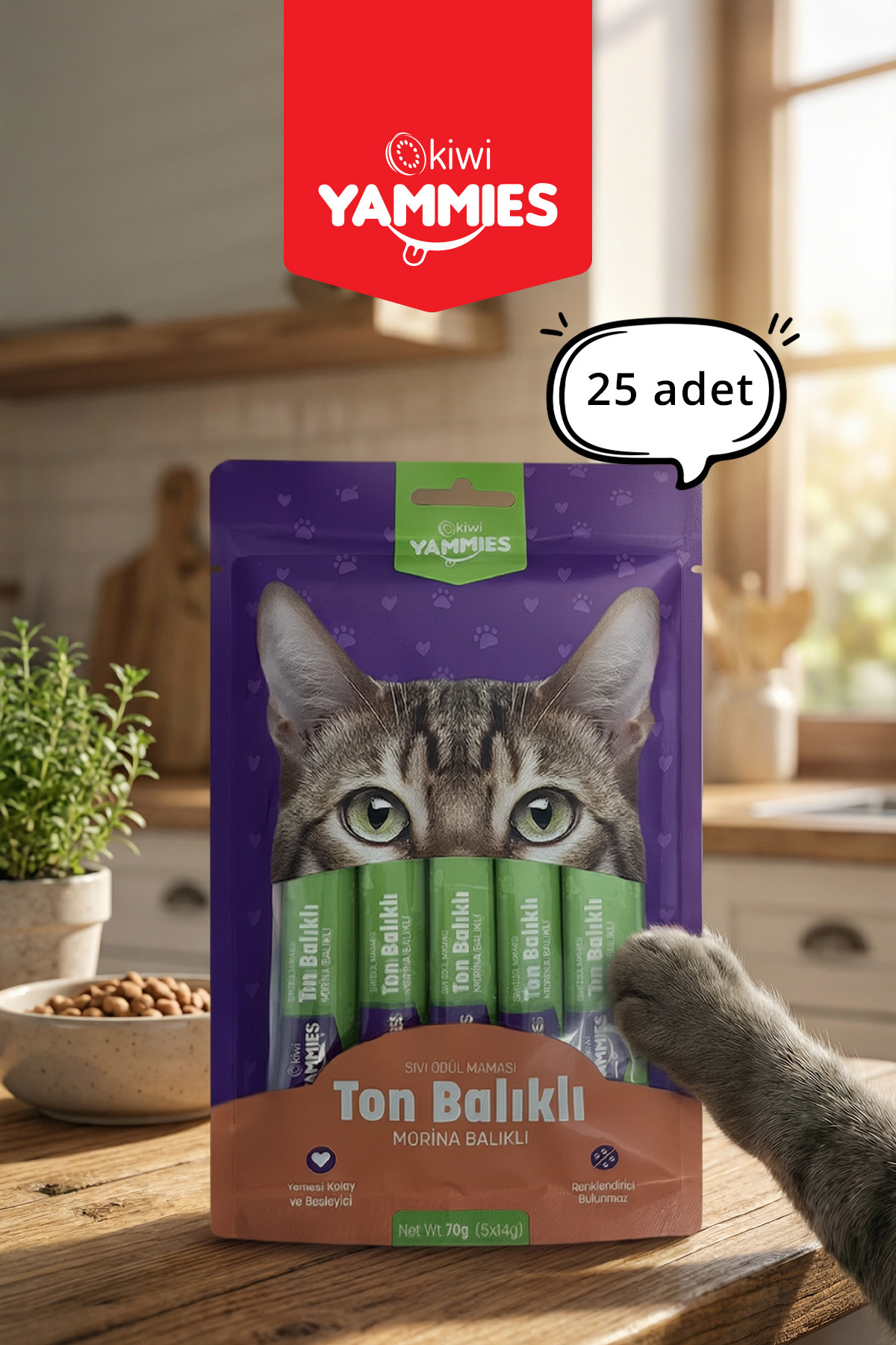 Kiwi Yammies KYCC-50353 Ton Balıklı Morina Balıklı Sıvı Kedi Ödül Maması*5 Paket