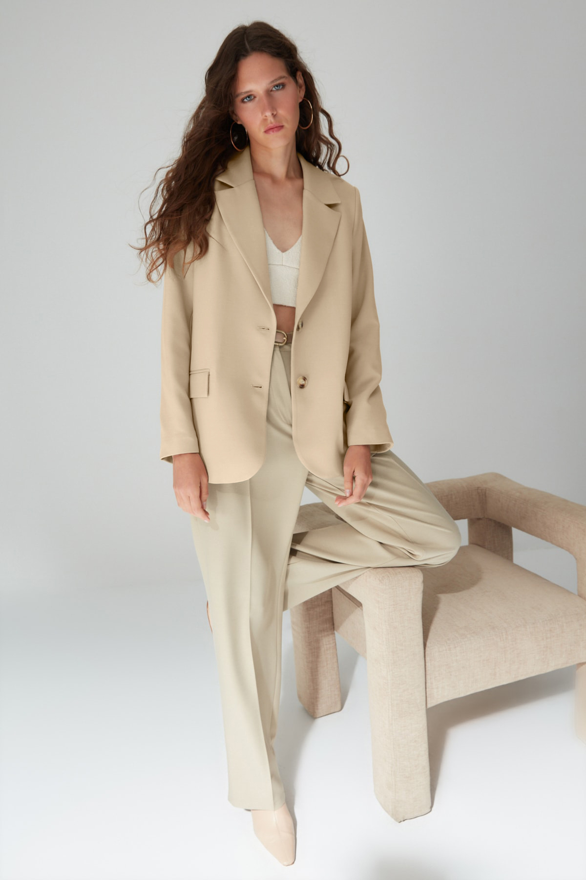 Trendyol Collection Limited Edition Nerzfarbene, gewebte Blazerjacke mit regulärem Futter TWOAW23BC00132