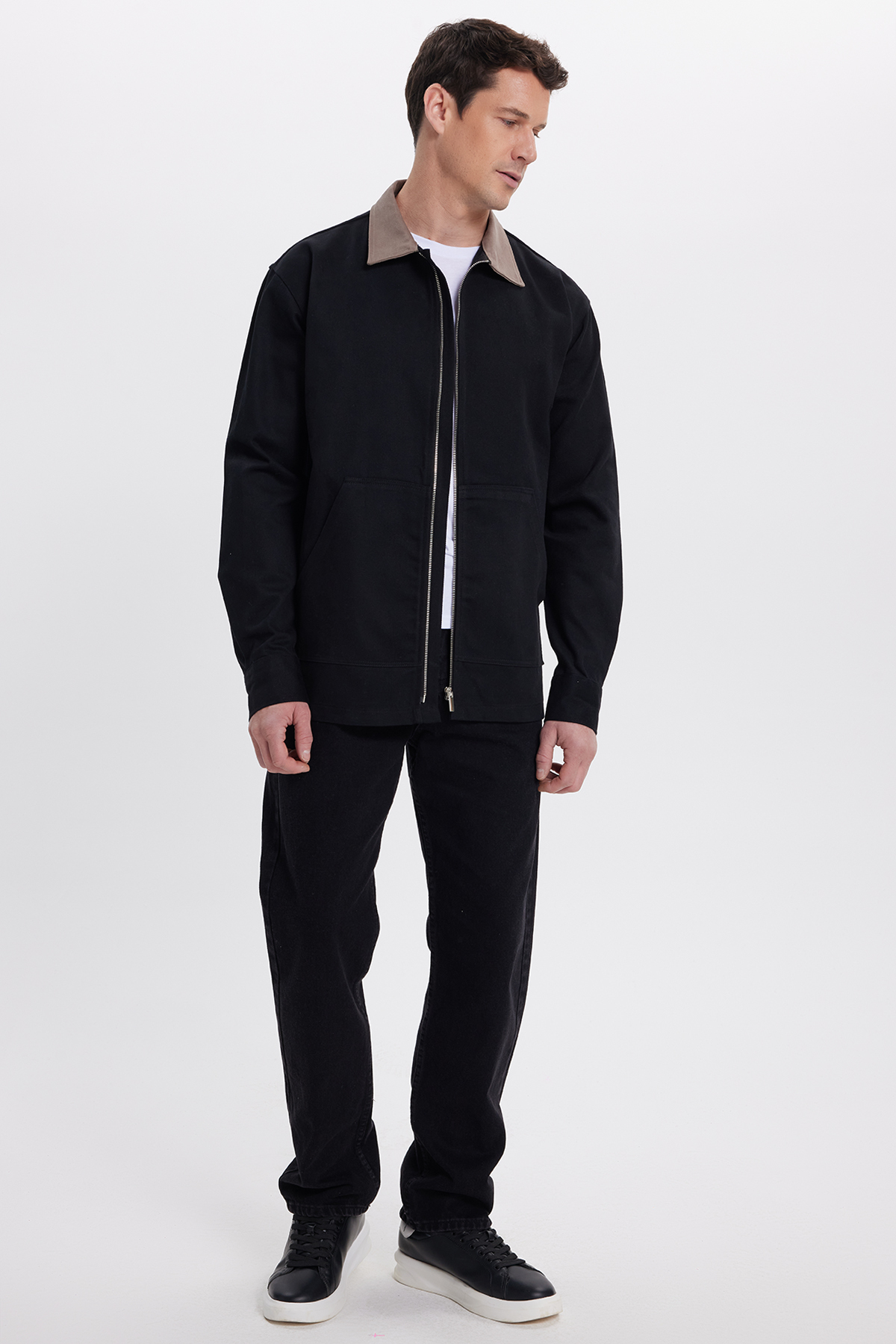 Tudors  Erkek Relax Fit Rahat Kesim Gabardin Düz Fermuarlı Kanguru Cepli Kontrast Yaka Siyah Gömlek Ceket - Görsel 6