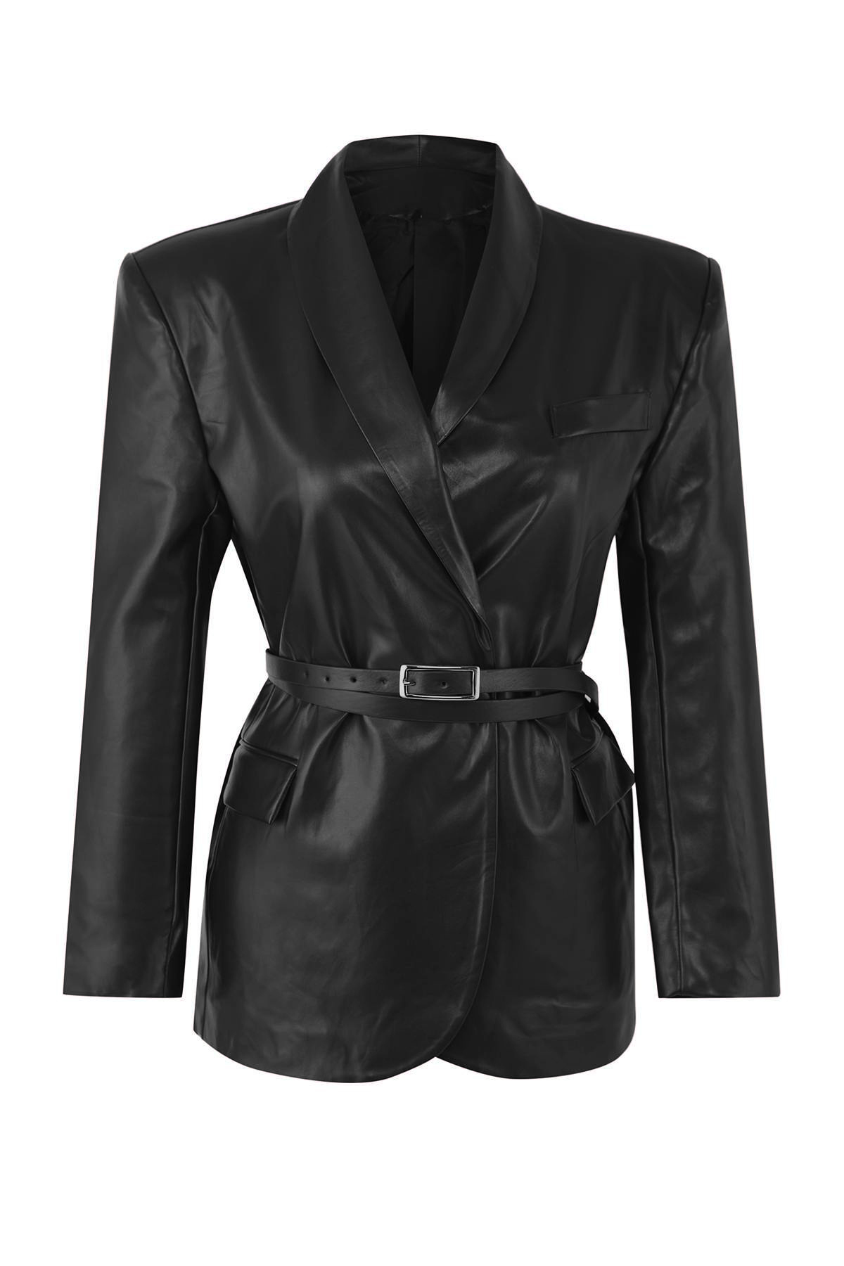 Trendyol Collection Schwarzer, zweireihiger, gewebter Blazer aus Kunstleder m...