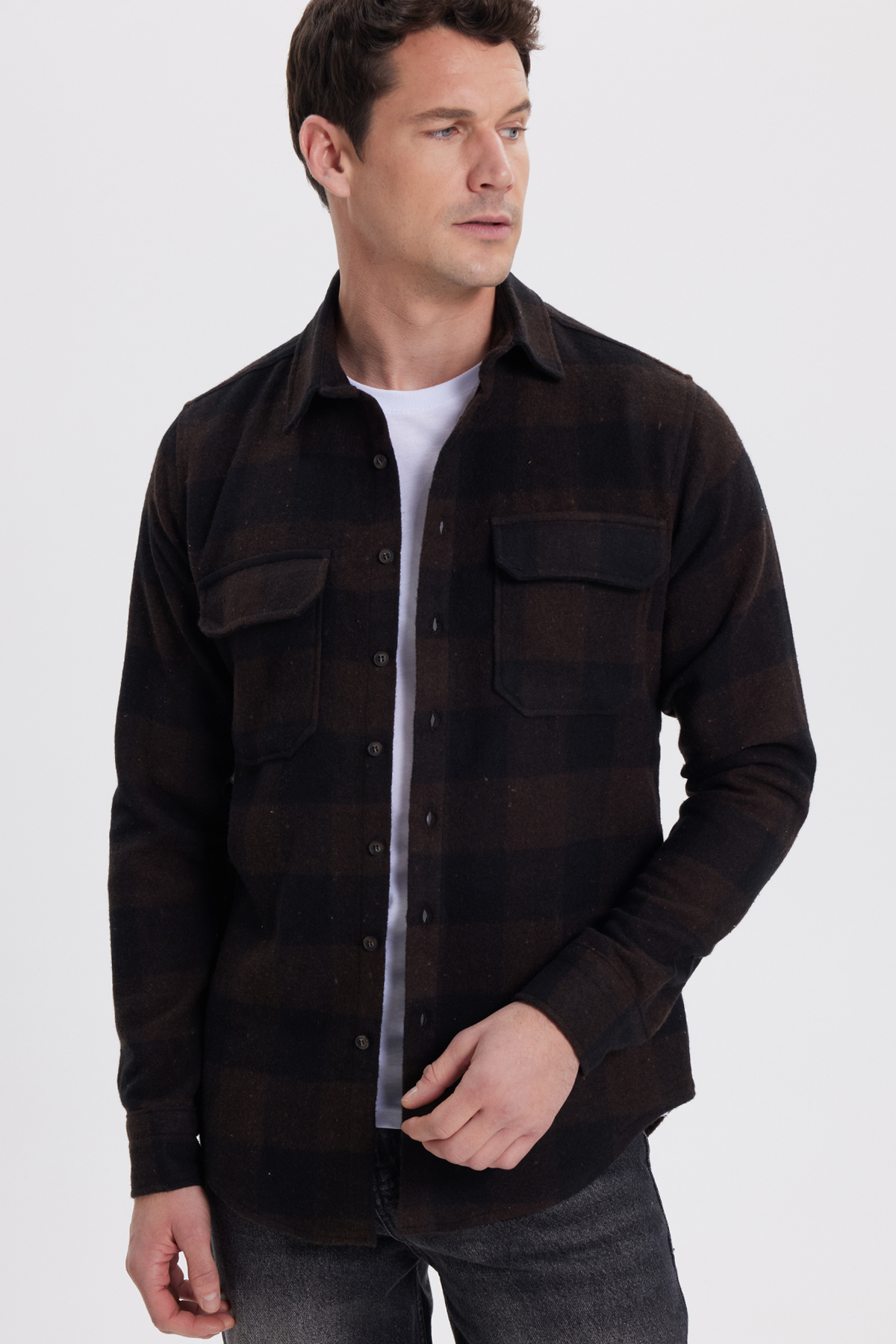 Tudors Erkek Slim Fit Dar Kesim Uzun Kollu Kapaklı Çift Cepli Kareli Kışlık Oduncu Gömlek