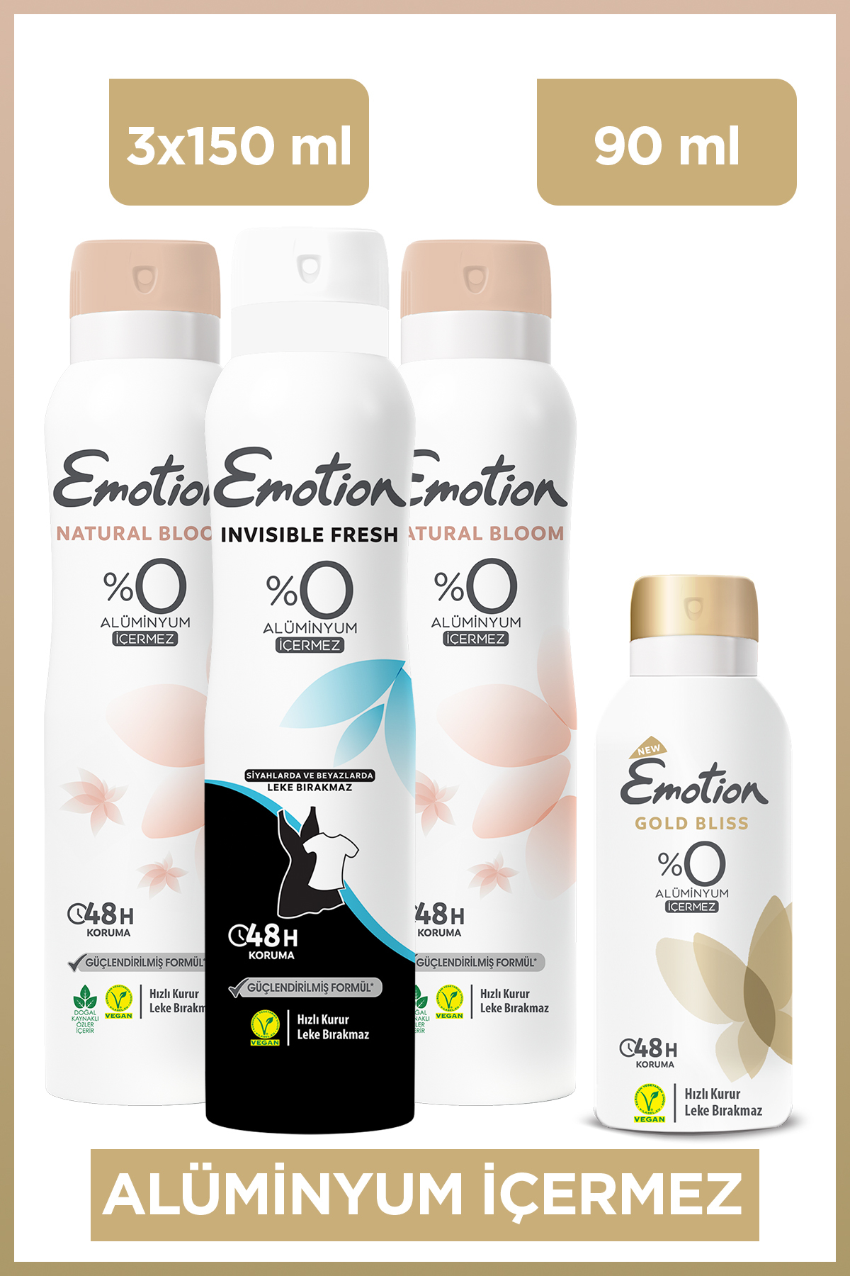 Emotion Kadın Vegan Deodorant 3x150 Ml + 90 Ml(Bloom, Invisible Fresh,Gold Bliss) Hızlı Kurur, Leke Bırakmaz