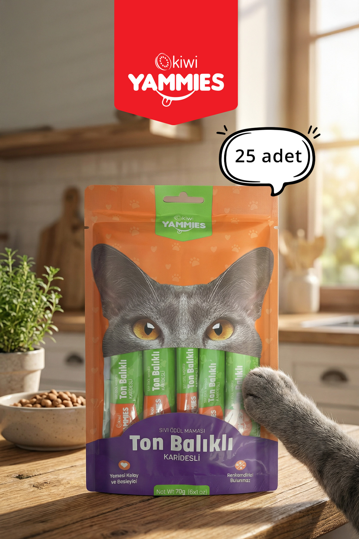 Kiwi Yammies KYCC-50350 5x14 gr 5 Paket Ton Balıklı Karidesli Sıvı Ödül Maması