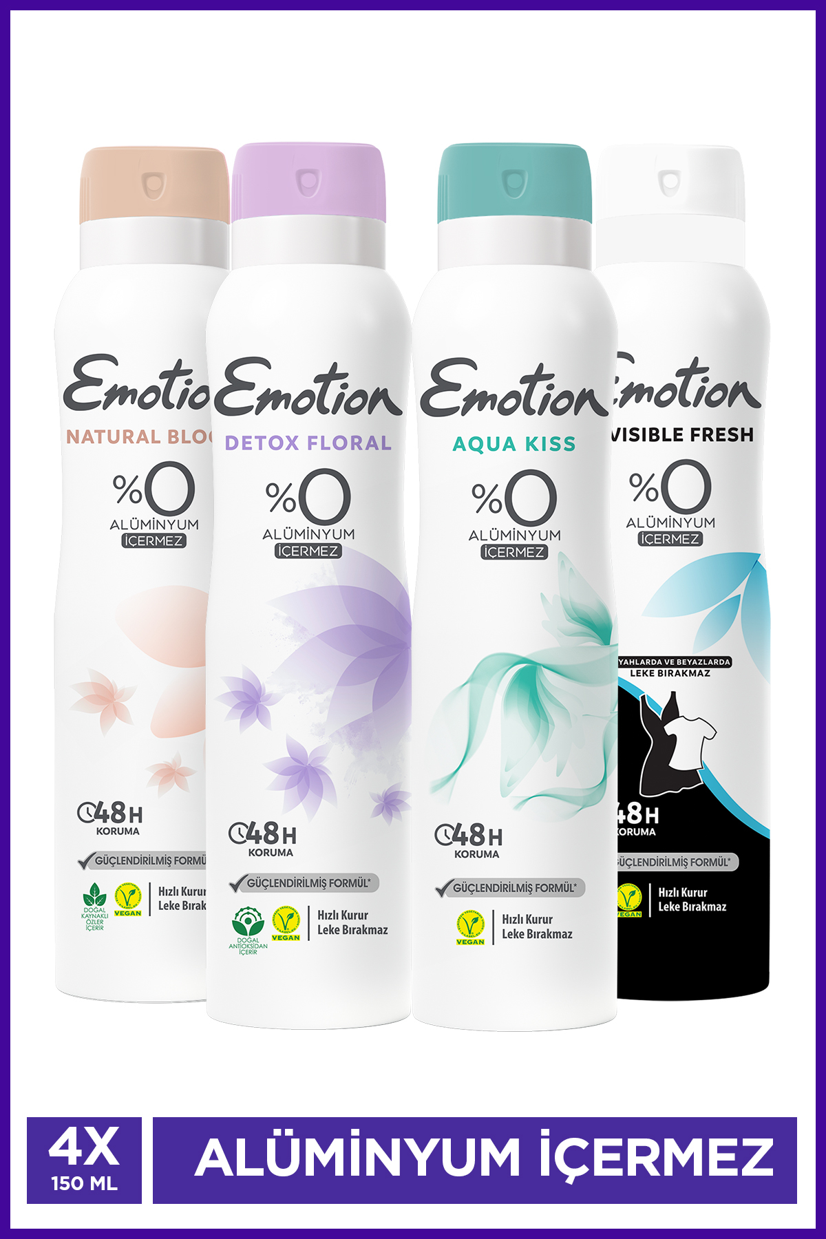 Emotion Kadın Vegan Deodorant 4x150 Ml (Bloom,Floral,Aqua Kiss,Invisible Freh) Leke Bırakmaz