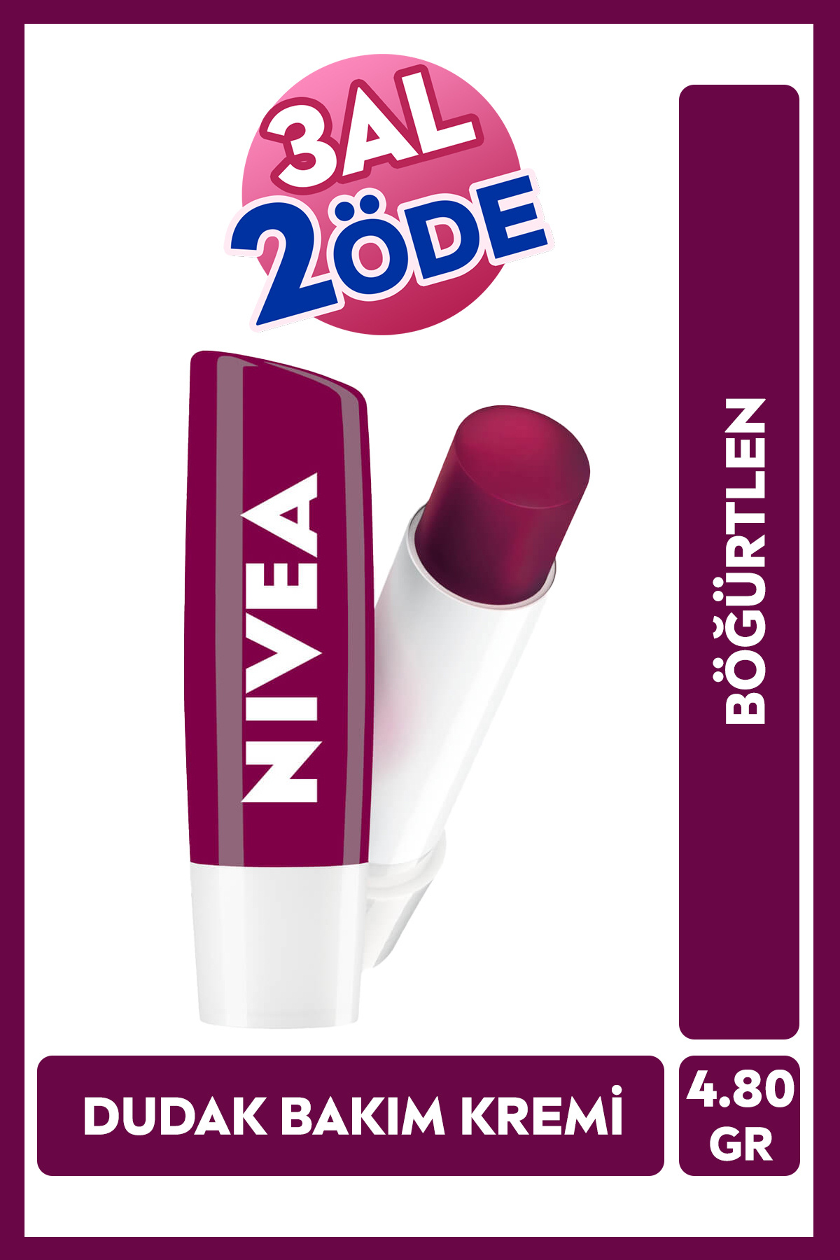 NIVEA Böğürtlen Renkli Dudak Bakım Kremi 4.8gr, Nemlendirici, Hafif Bordo Işıltı, Dudak Parlatıcısı