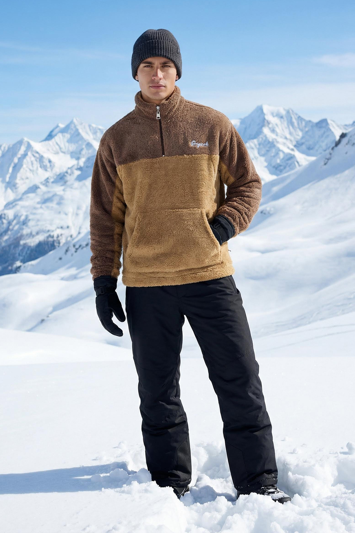 Trendyolmilla  Camel Unisex Oversize/Geniş Kesim Renk Blok Sıcak Tutan Peluş Sweatshirt TMNAW22SW1477 - Görsel 2