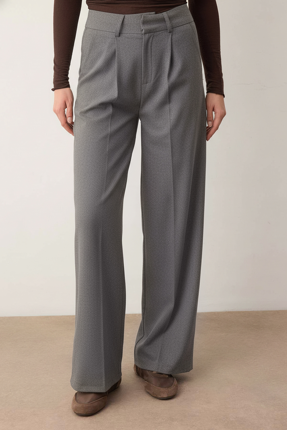 Trendyolmilla  Gri Kalın Tuşeli/Kışlık Wideleg Geniş Paça Dokuma Pantolon TWOAW26PL00160 - Görsel 3