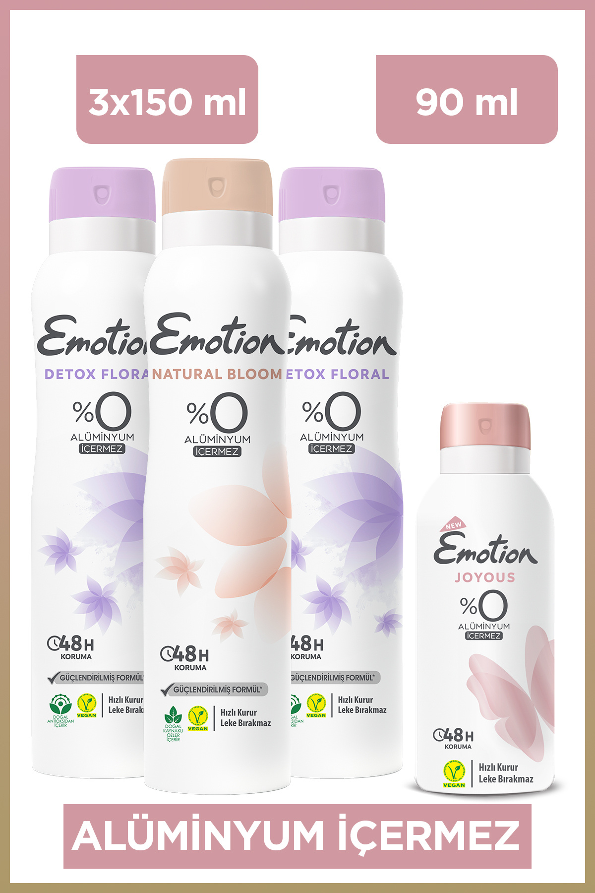 Emotion Kadın Vegan Deodorant Set 3x150 Ml + 90 Ml (Detox Floral,Natural Bloom,Joyous)