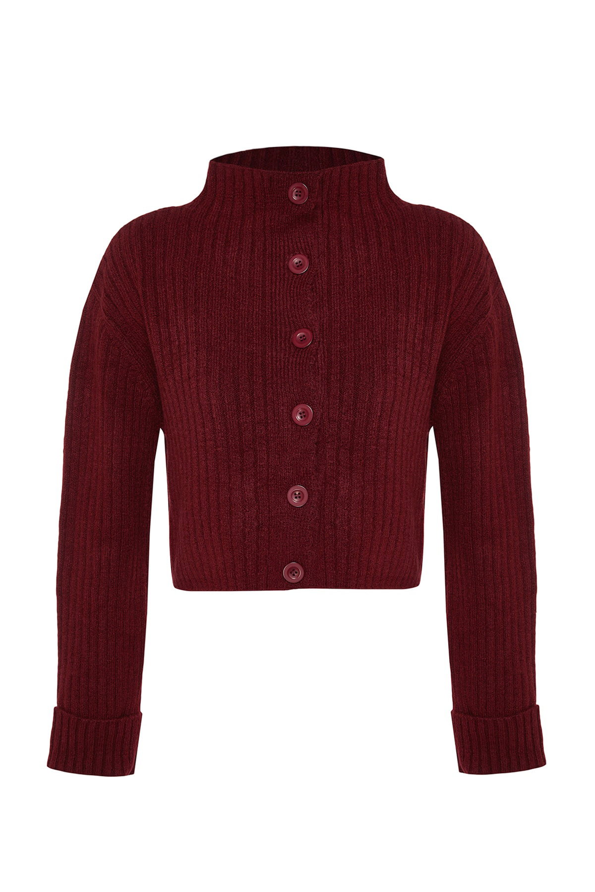 Trendyolmilla  Bordo Crop Yumuşak Dokulu Dik Yaka Triko Hırka TWOAW22HI0174 - Görsel 7
