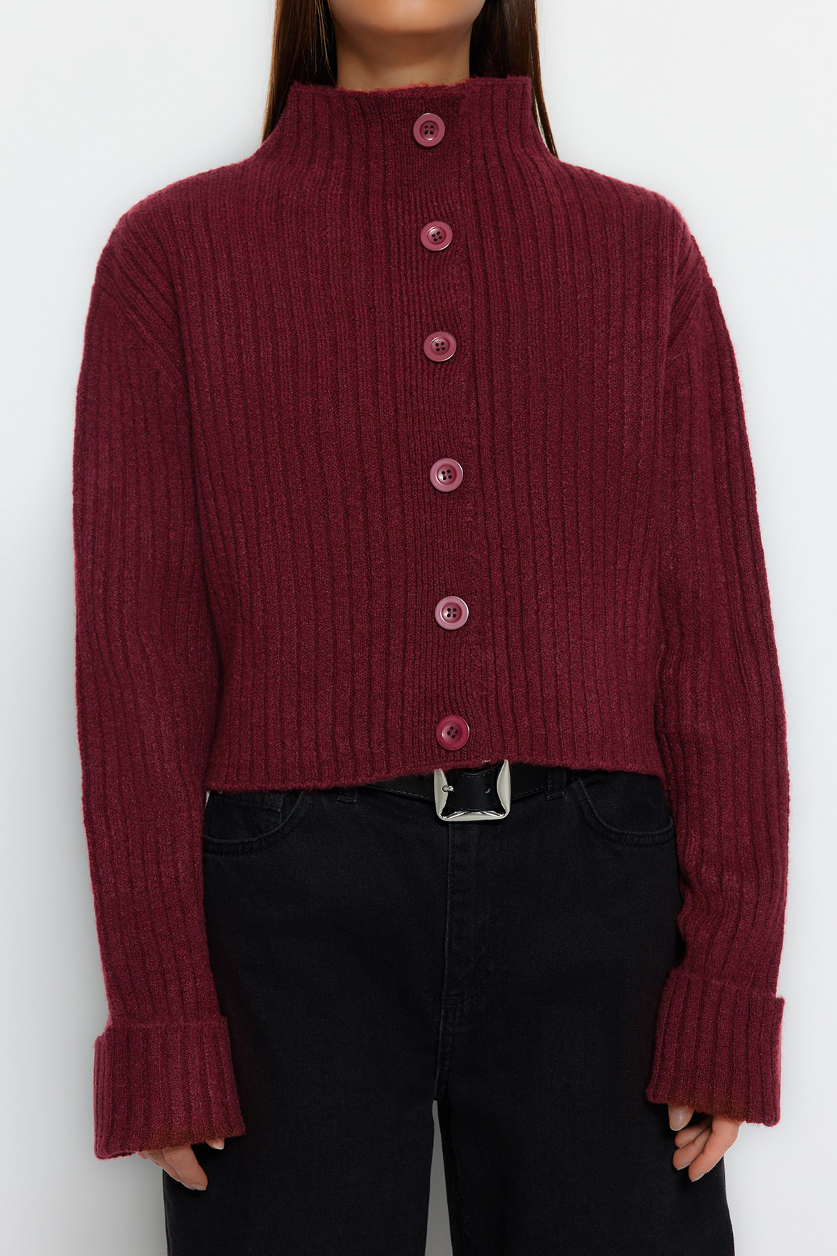 Trendyolmilla  Bordo Crop Yumuşak Dokulu Dik Yaka Triko Hırka TWOAW22HI0174 - Görsel 4