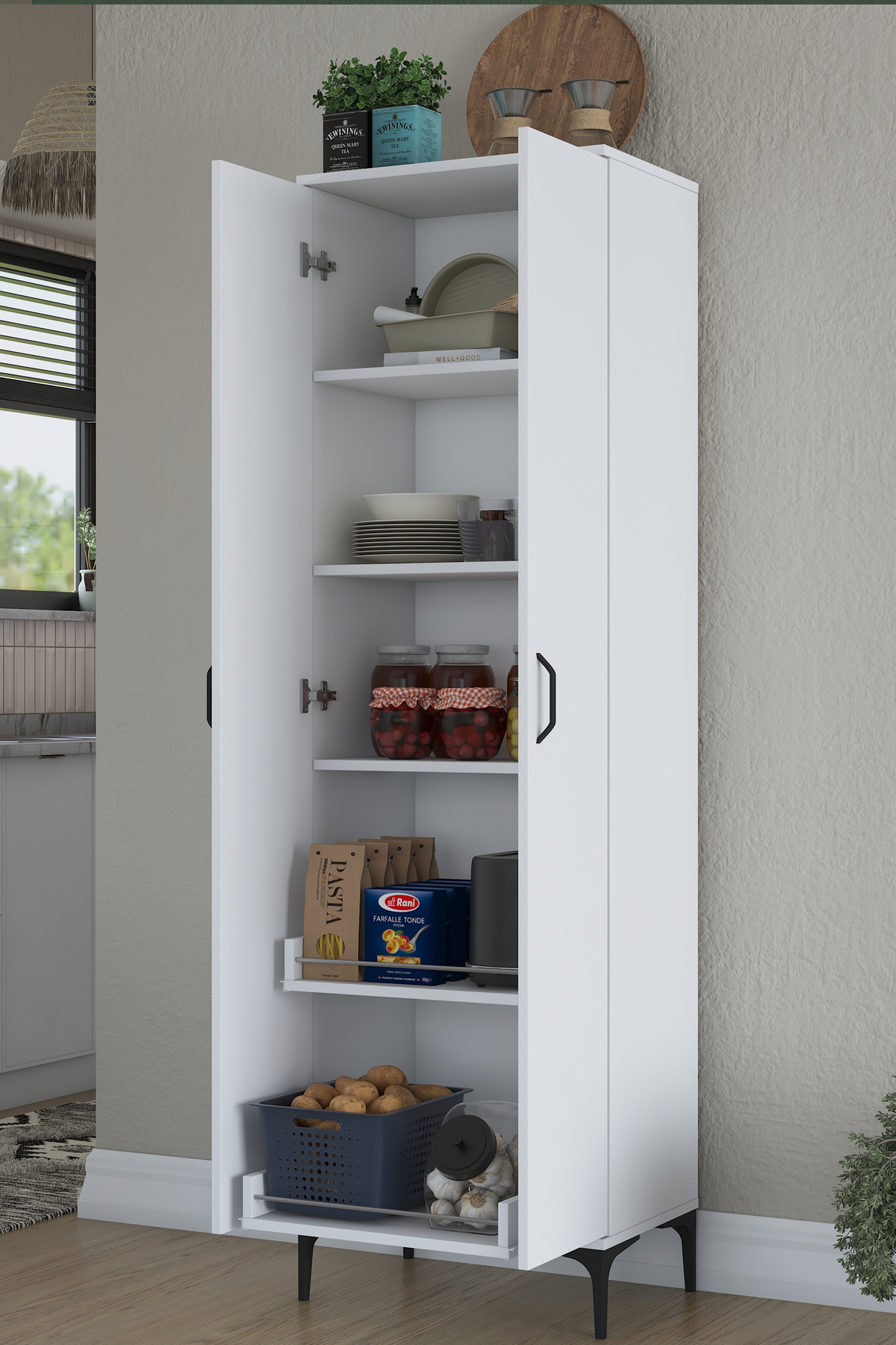 Rani JE110 Multipurpose Cabinet Bathroom Pantry with 2 Doors and 5 Shelves Kitchen Cabinet White