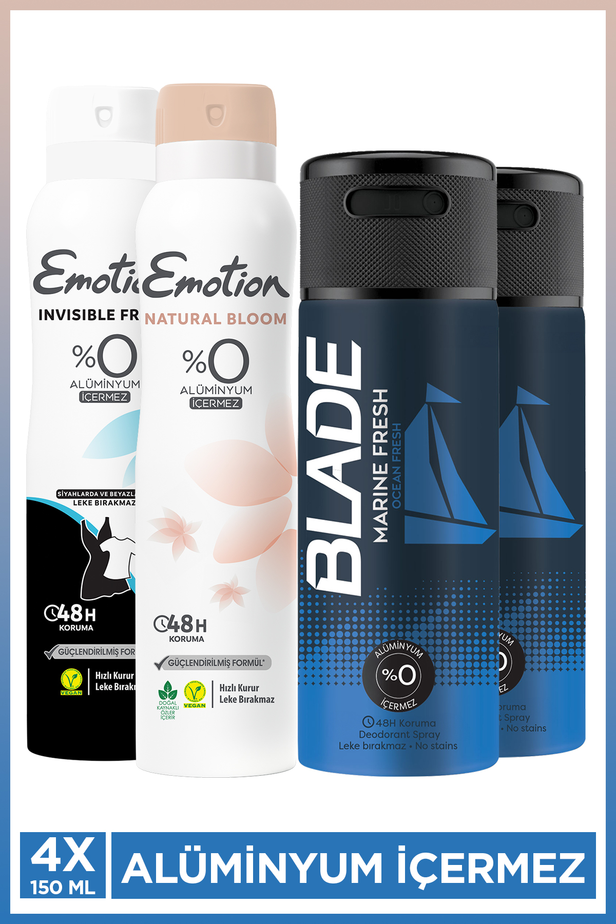 Blade Marine Fresh Erkek Deodorant 2x150 Ml&Emotion Natural Bloom+Invisible Fresh Kadın Deodorant 2x150 Ml