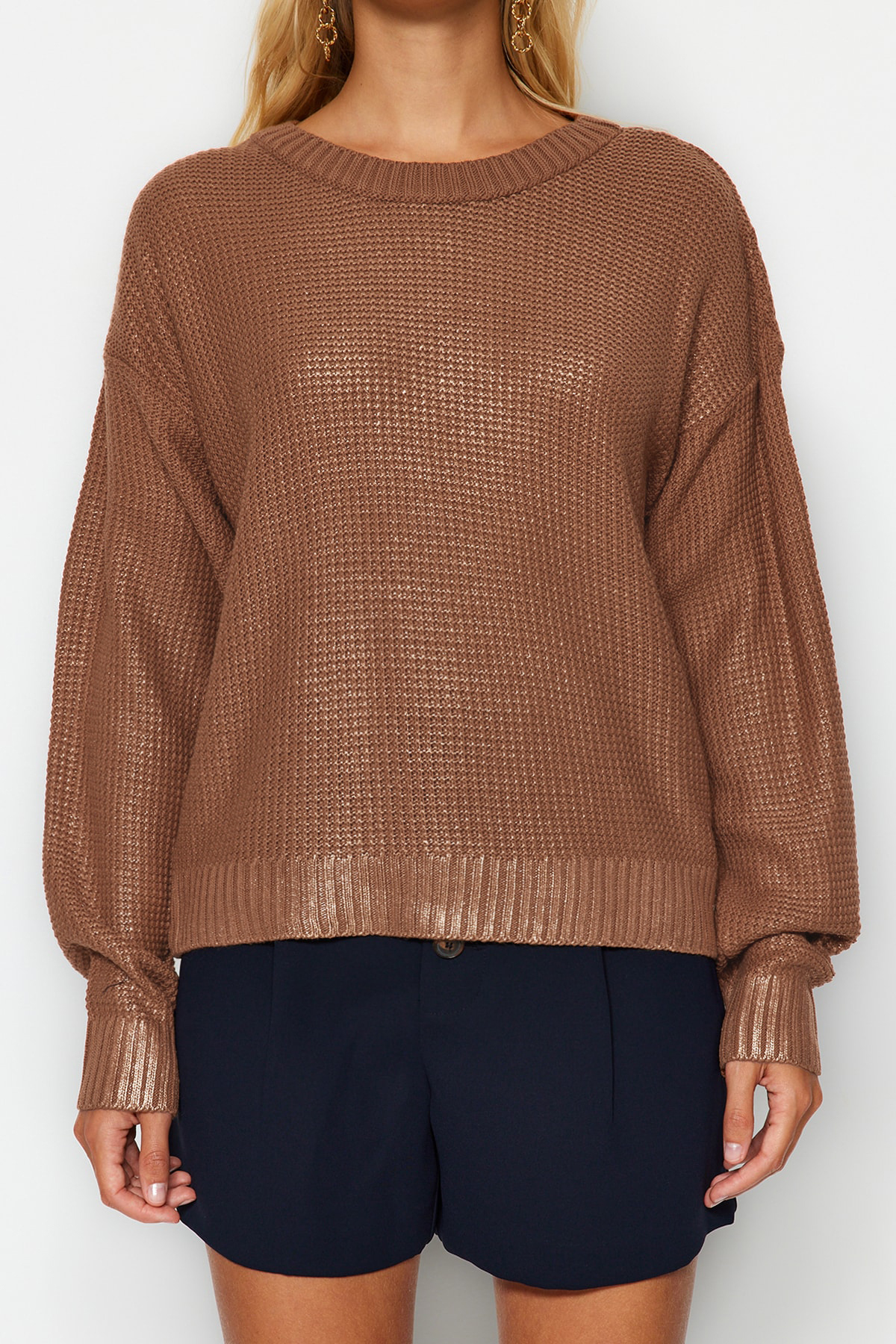 Trendyolmilla  Kahverengi Varak Baskılı Triko Kazak TWOAW24KZ00969 - Görsel 5