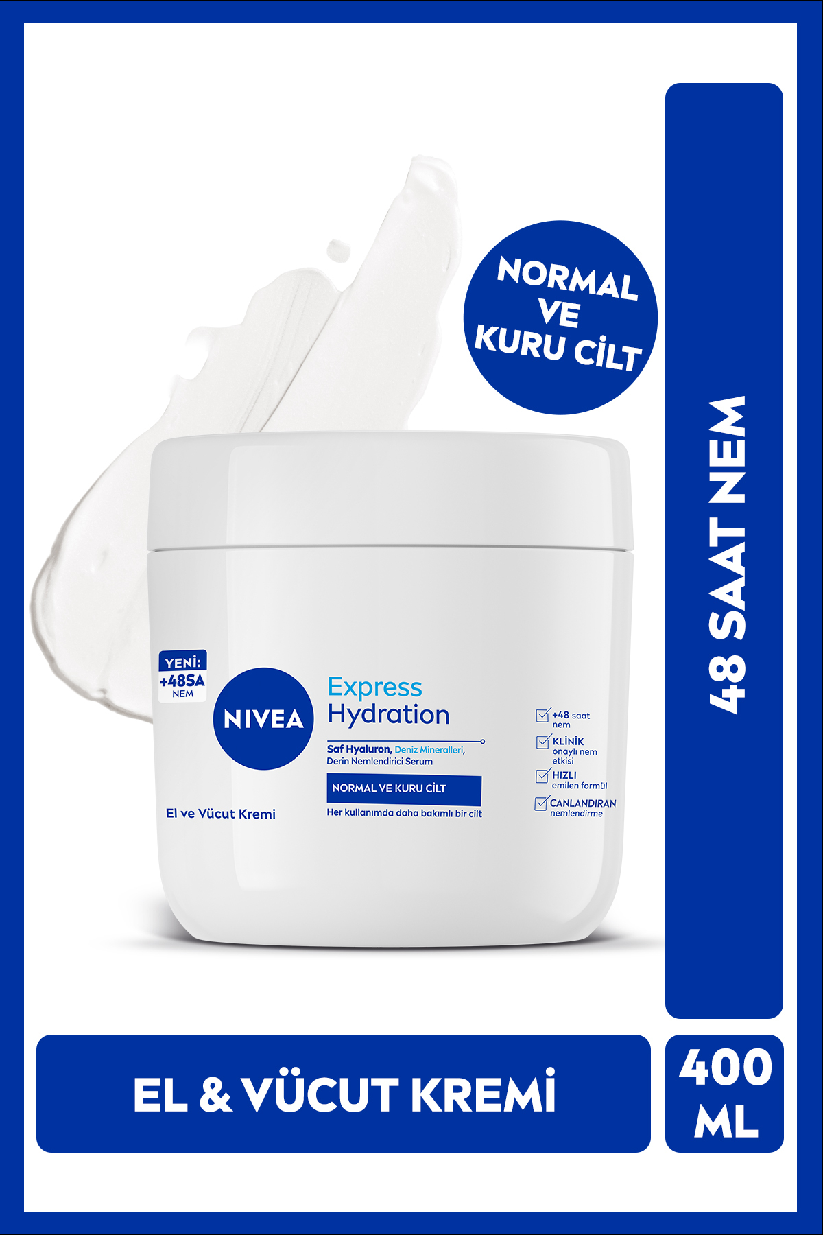 NIVEA Yoğun Nemlendirici El Ve Vücut Bakım Kremi Express Hydration 400ml, Kuru Cilt, Saf Hylaron