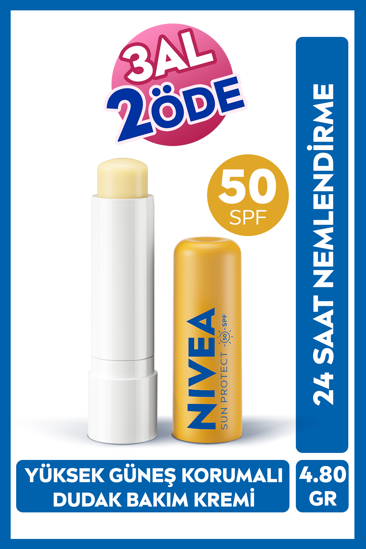 NIVEA SUN SPF50 Yüksek Güneş Korumalı Nemlendirici Renksiz Dudak Bakım Kremi 4,8gr, C ve E Vitamini