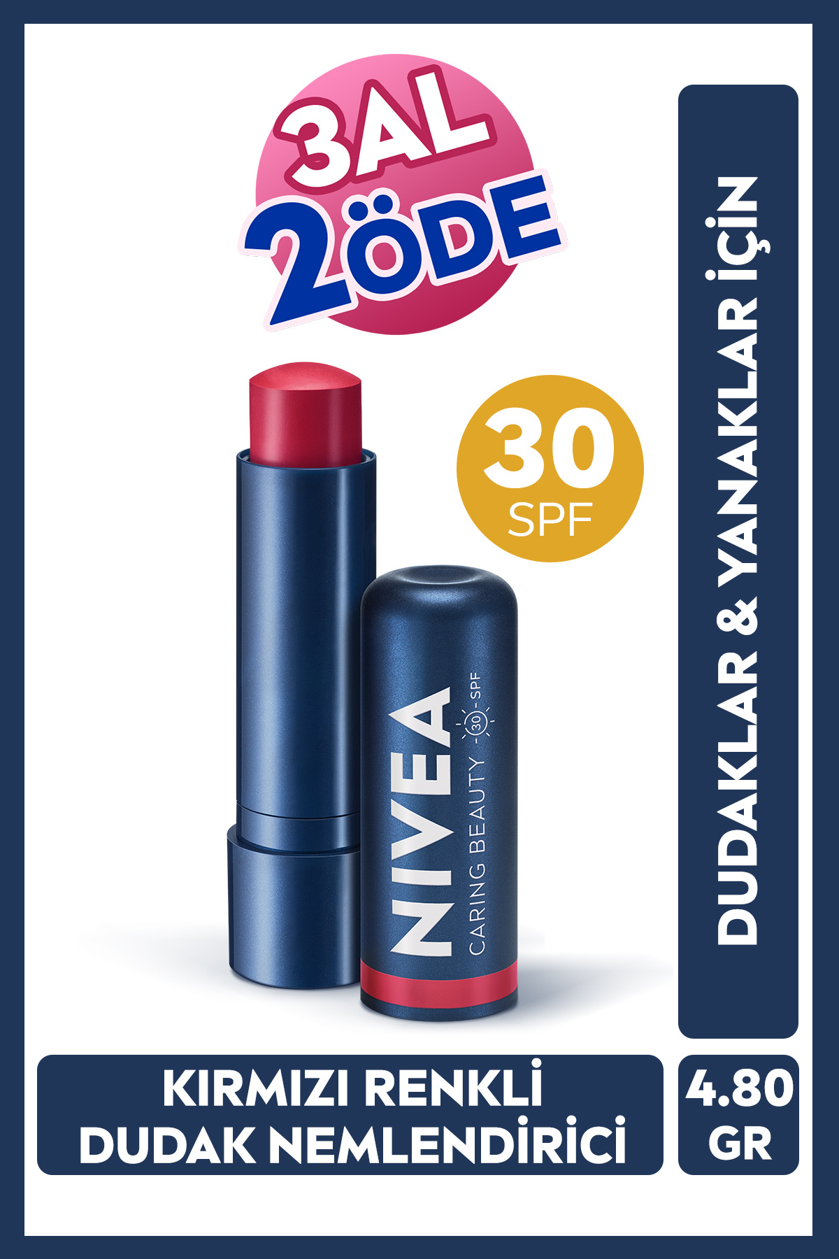 NIVEA Kırmızı Renkli Nemlendirici Dudak Bakım Kremi 4.8gr, SPF30,Allık Etkisi, Dudak Ve Yanak, E Vitamini