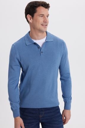 Tudors Erkek Standart Fit Normal Kesim Pamuklu Polo Yaka İndigo Kazak