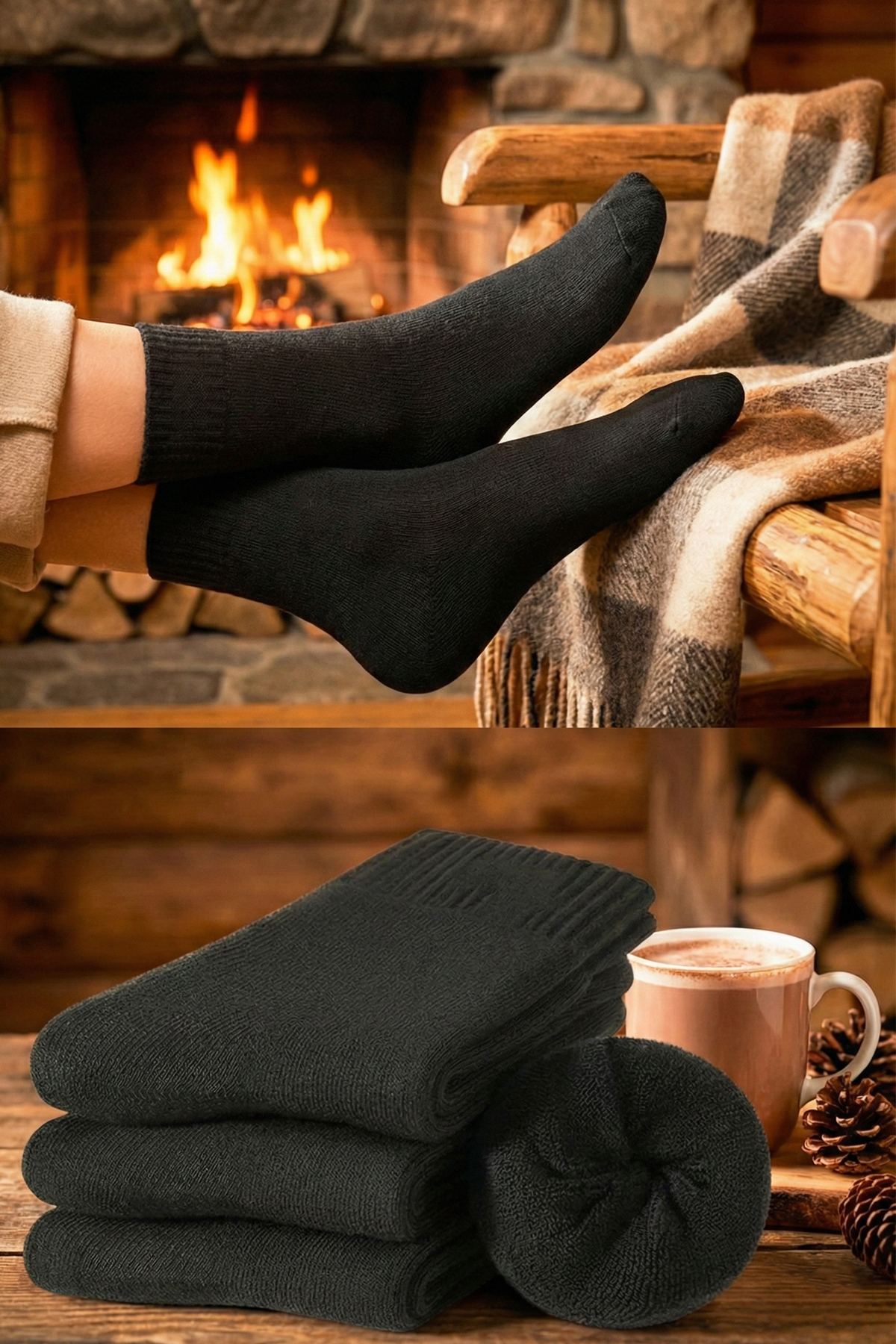 BGK Unisex 3 Çift Siyah Blok Kışlık Havlu Çorap