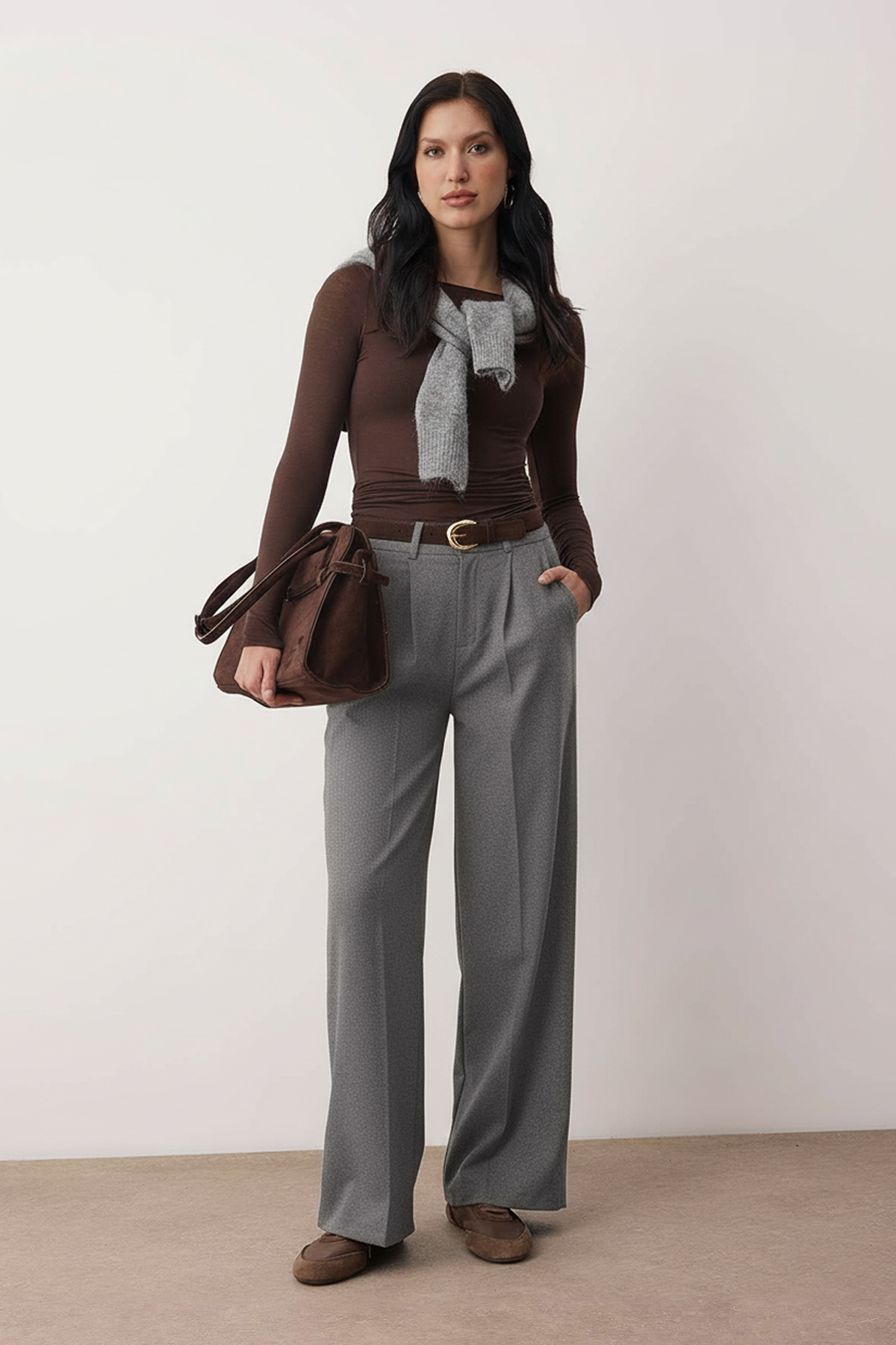 Trendyolmilla  Gri Kalın Tuşeli/Kışlık Wideleg Geniş Paça Dokuma Pantolon TWOAW26PL00160 - Görsel 2