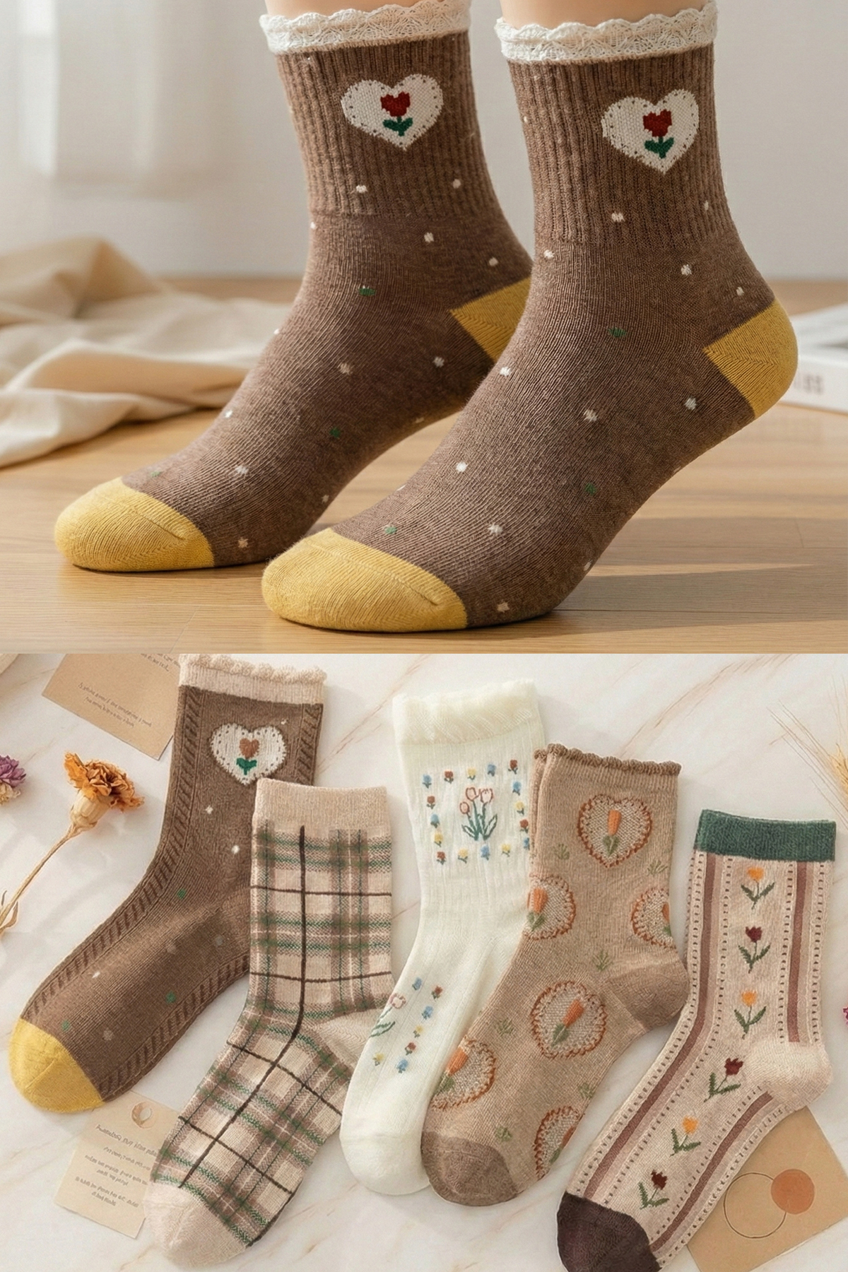 BGK 5 Çift Kadın Çiçek-Kalp Desenli Çorap