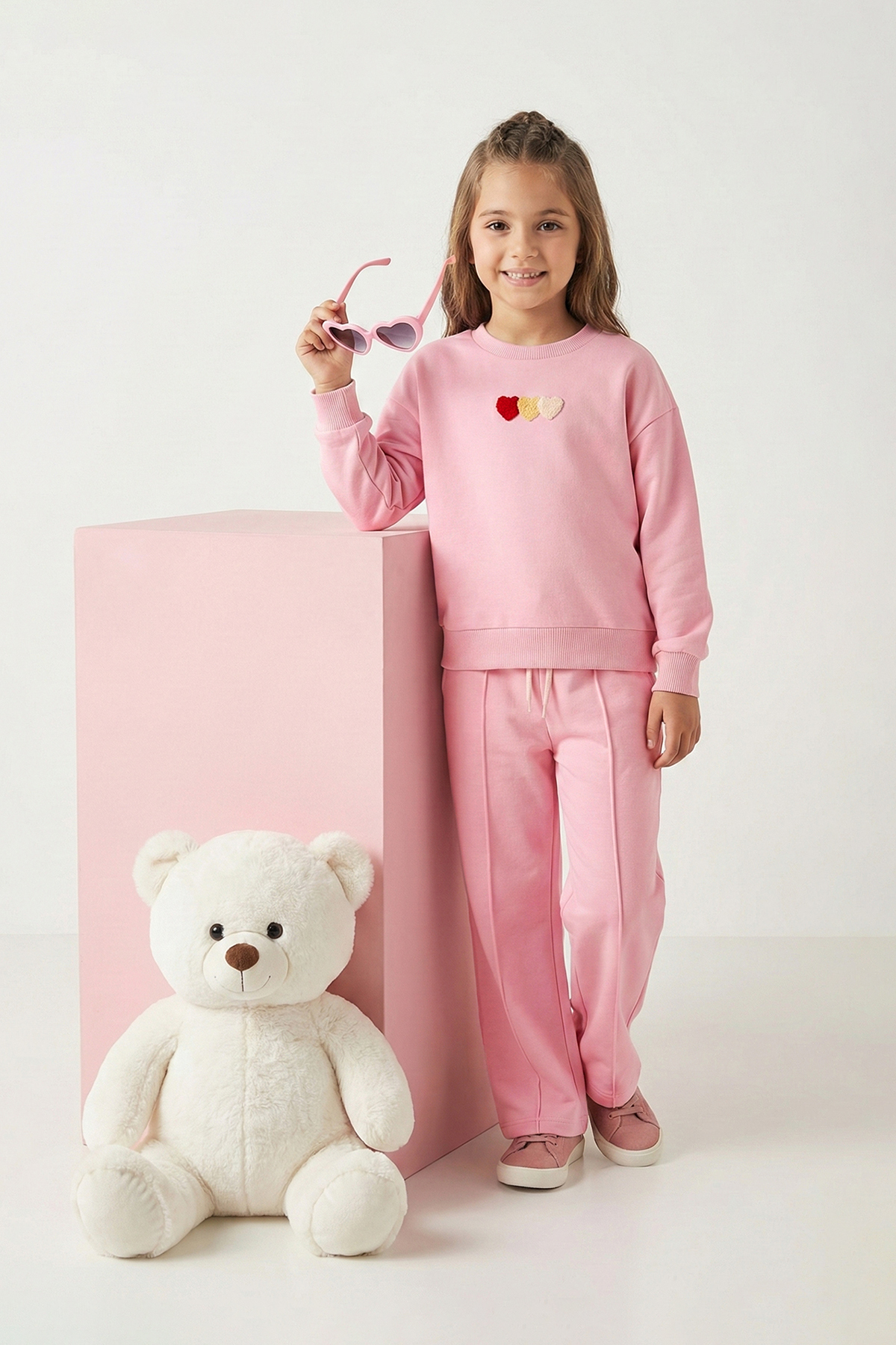 TRENDYOLKIDS Rosa Baumwoll-Herz-Strickset für Mädchen in Übergröße – Oberteil...