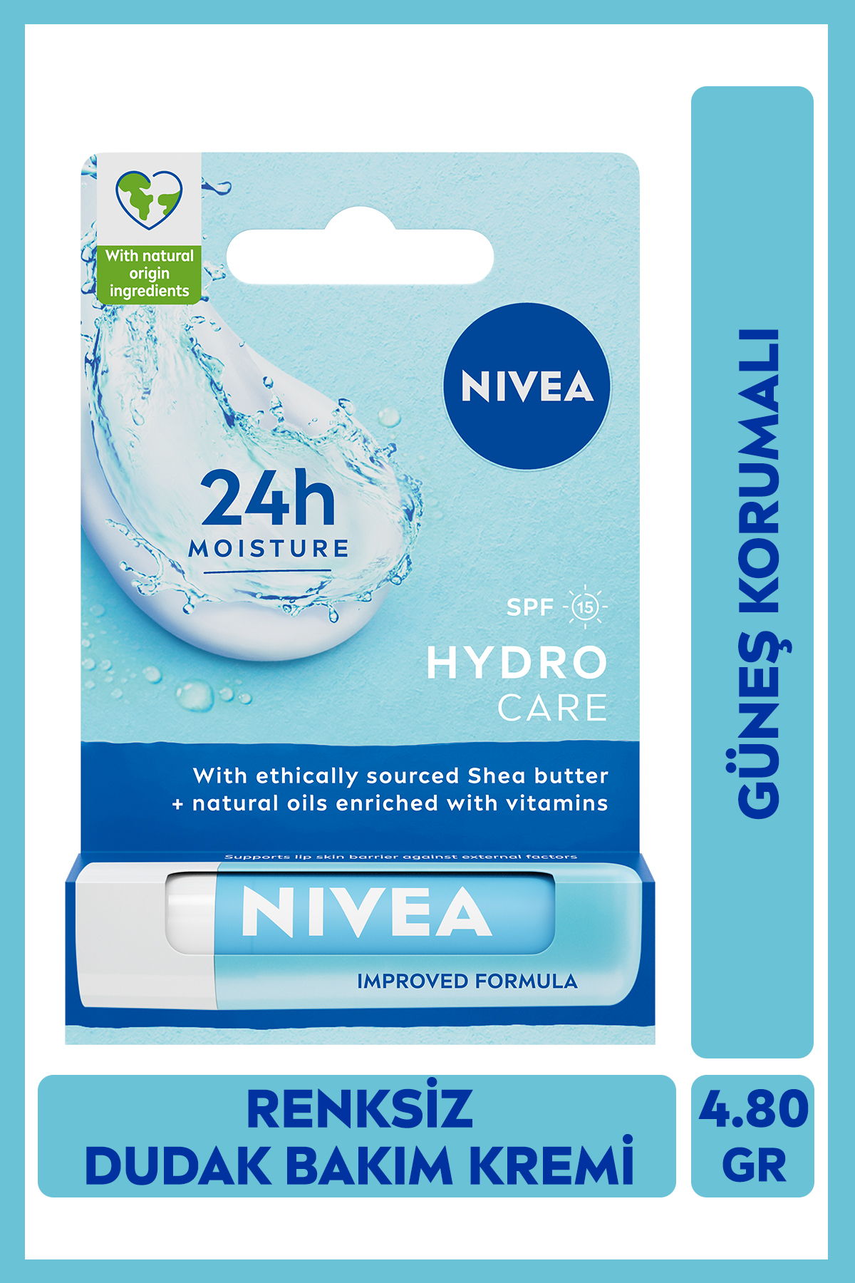 NIVEA Hydro Care Dudak Bakım Kremi 4.8gr, Gün Boyu Nemlendirici Ve Koruyucu, Spf15, Doğal Yağlar Içerir