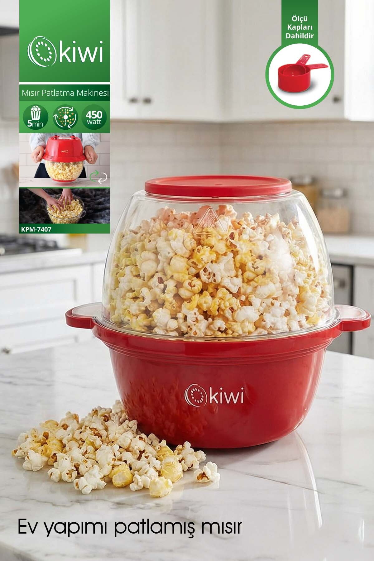 KPM-7407 Popcorn Machine | Fast Popping in 5 Minutes, Automatic Mixing, Lid & Bowl