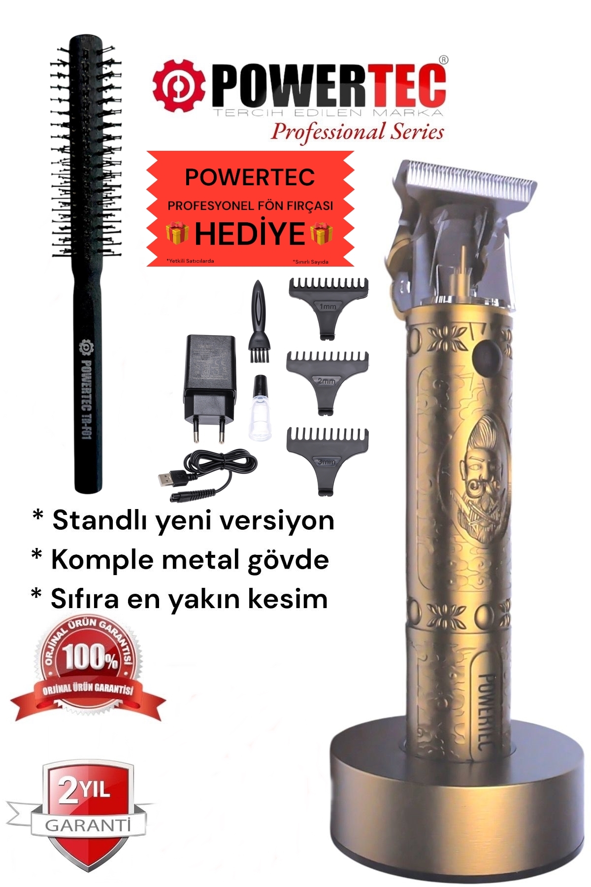 POWERTEC Tr-1818 Şarjlı Tıraş Makinesi Saç-Sakal-Ense-Vücut Lazer Epilasyon Öncesi (Standlı yeni versiyon)