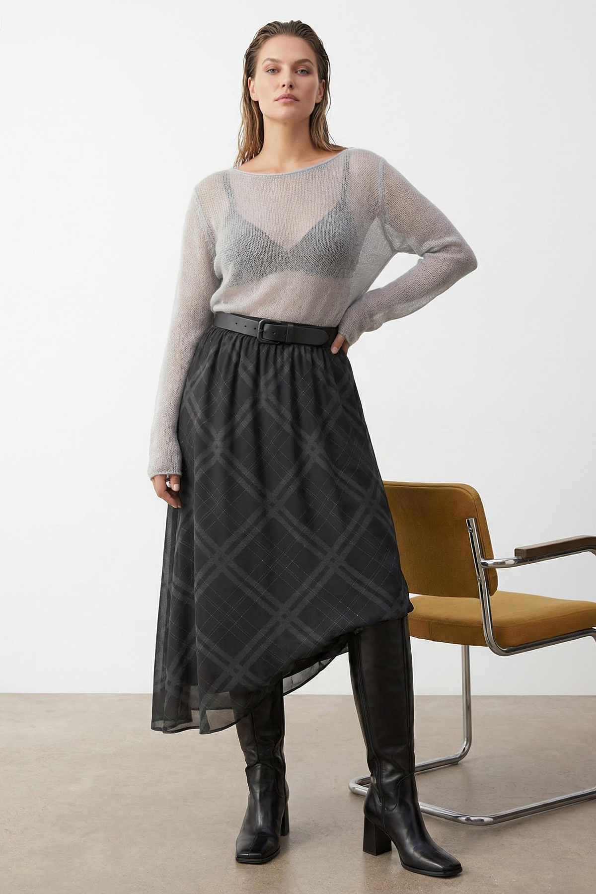 Trendyolmilla  Siyah Şifon Ekoseli Astarlı Uzun Etek TWOAW26ET00044