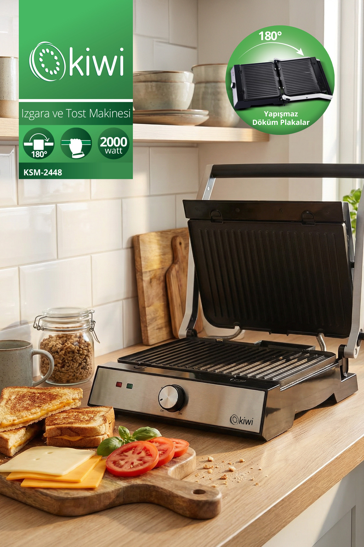 Kiwi Ksm-2448 Inox Çıkarılabilir Plakalı Izgara Ve Tost Makinesi, Paslanmaz Çelik , Grill