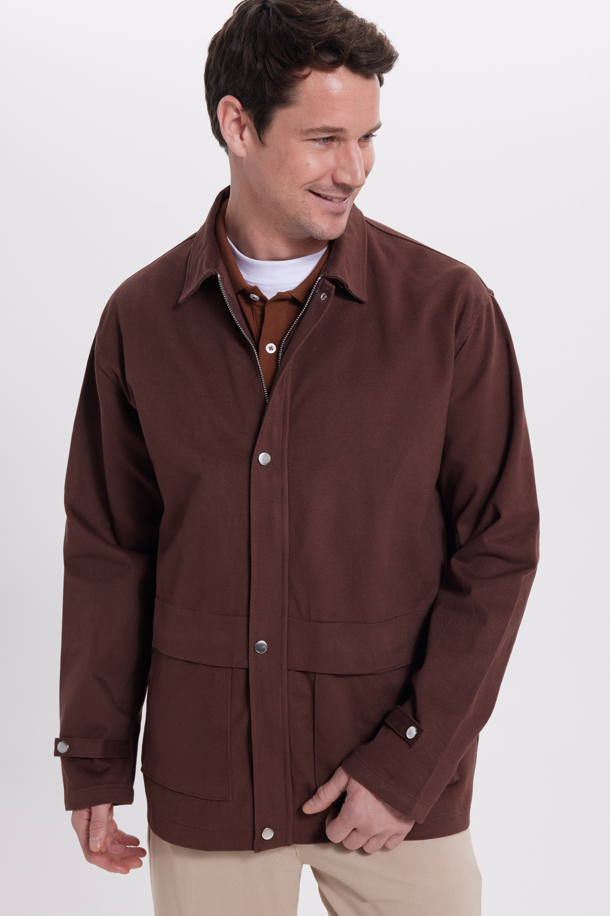 Tudors  Erkek Relax Fit Rahat Kesim %100 Pamuk Çift Cepli Fermuarlı Kiremit Mont Gömlek - Görsel 7