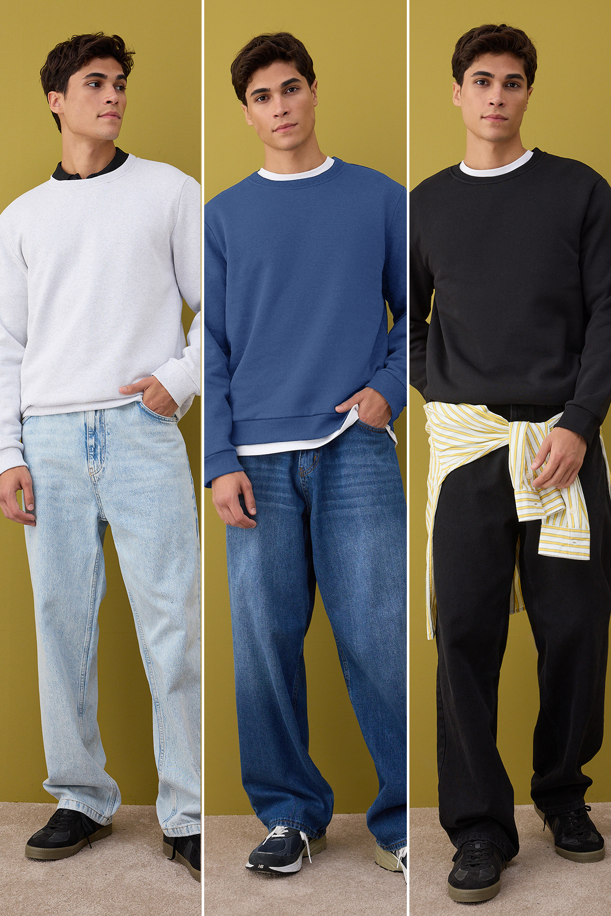 Trendyolmilla Man Siyah-Lacivert-Gri Melanj 3'lü Paket Regular/Normal Kesim Basic İçi Polar Sweatshirt TMNAW26SW00006