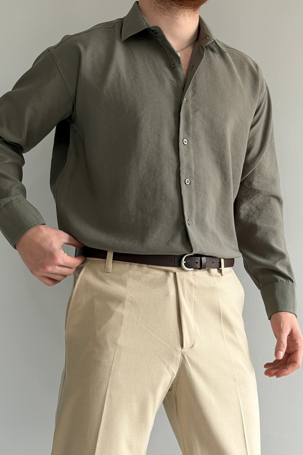 Trendyolmilla  Haki Regular Fit Mevsimlik Erkek Gömlek TMNSS26GO00005