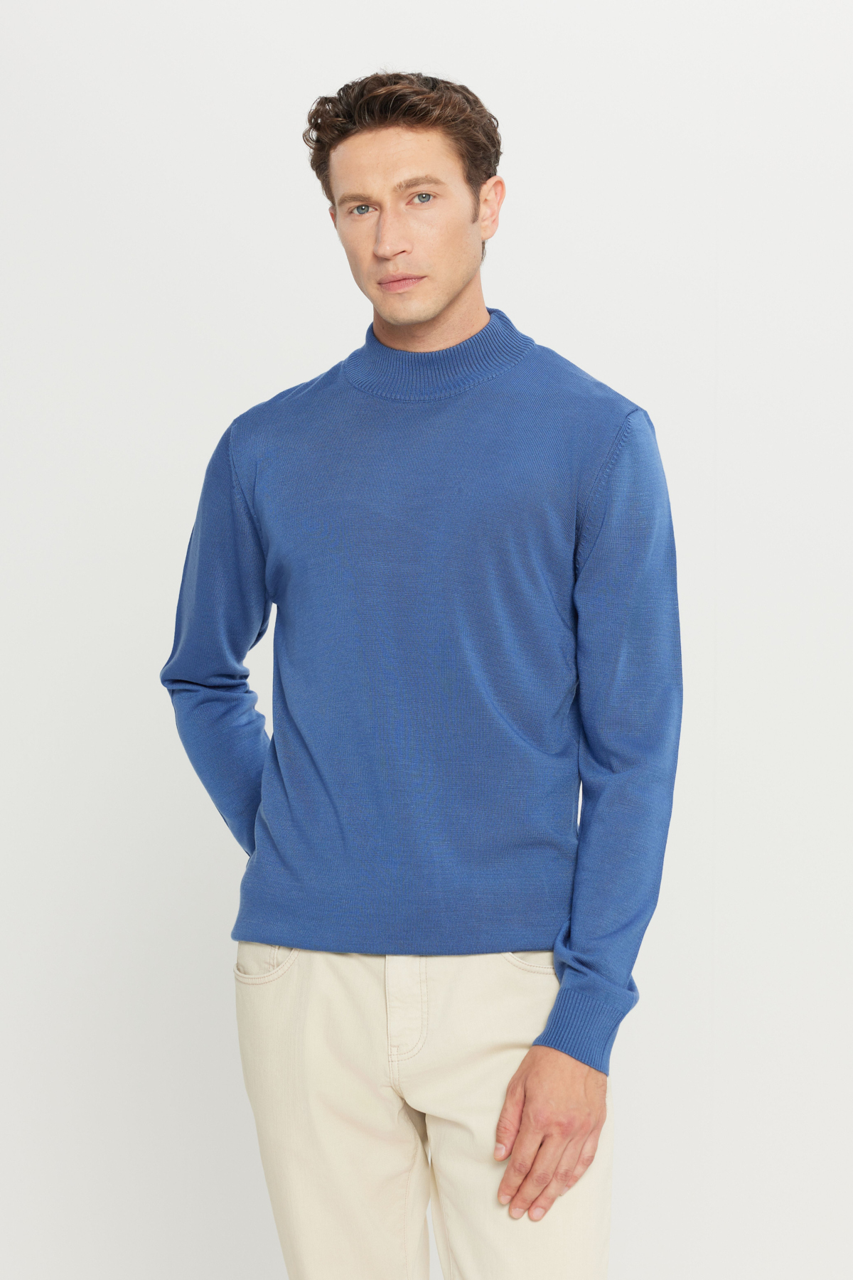 ALTINYILDIZ CLASSICS Erkek Indigo Tüylenme Yapmayan Standart Fit Normal Kesim Yarım Balıkçı Yaka Triko Kazak