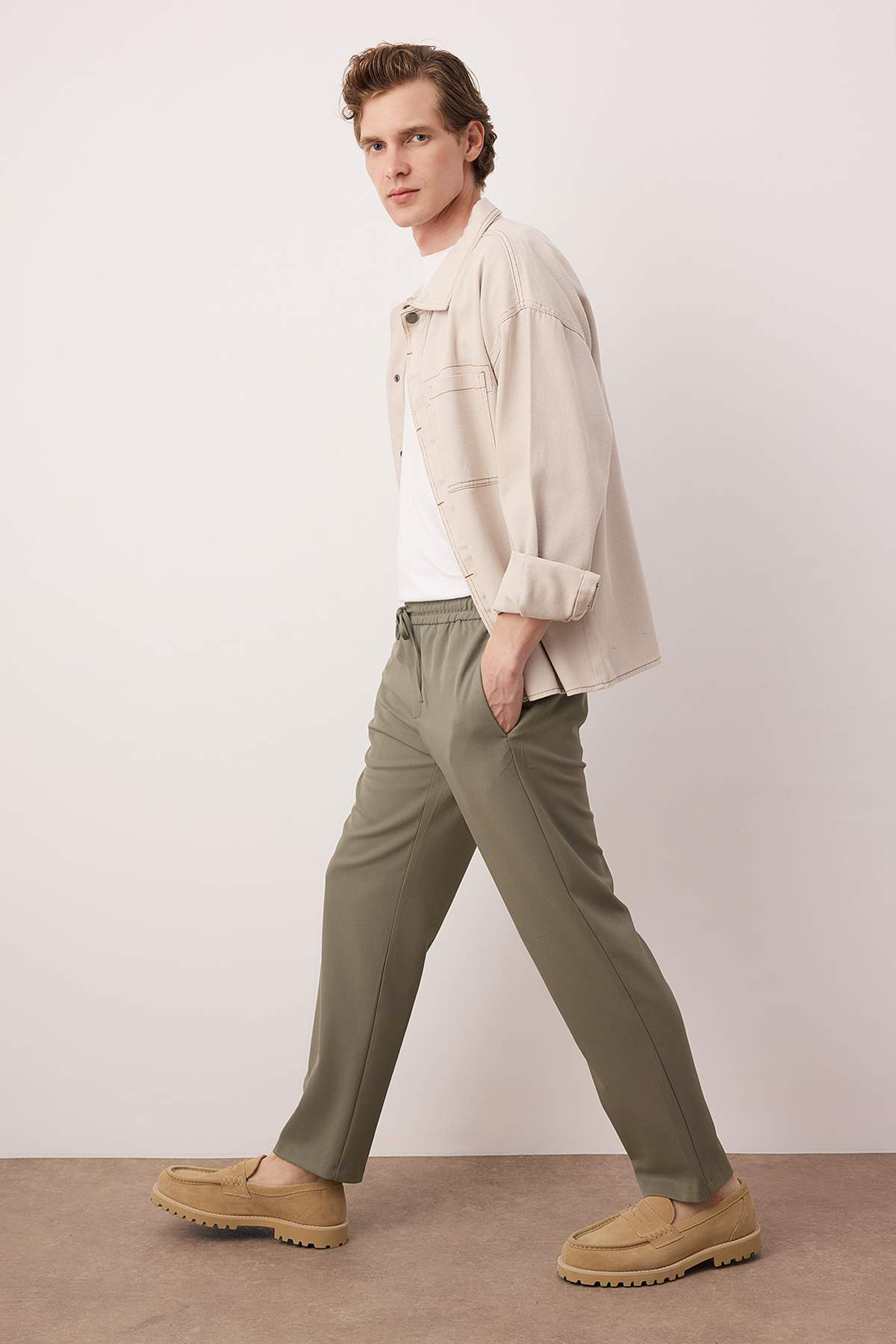  Trendyolmilla Man Aç?k Haki Dokulu Rahat Erkek Pantolon