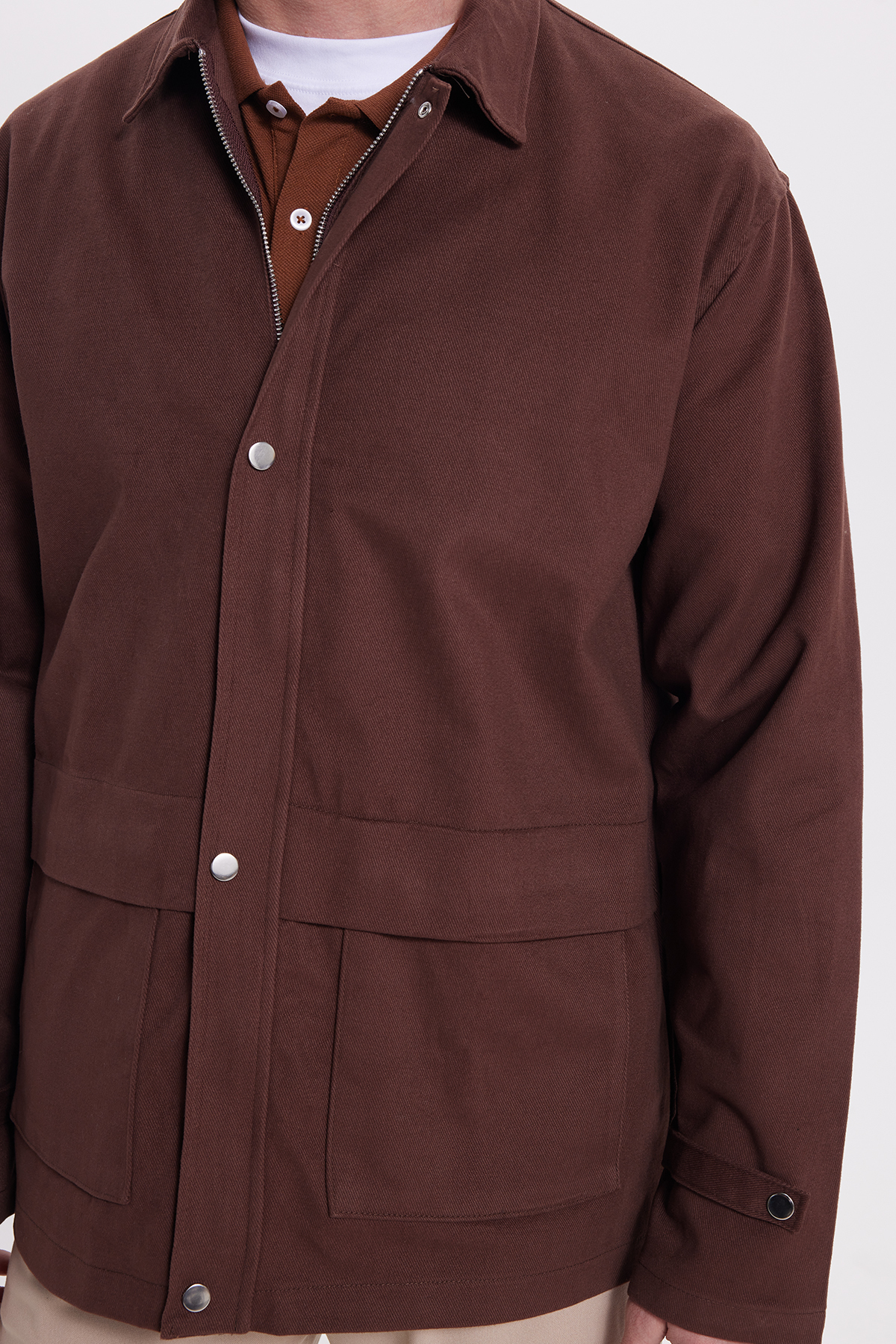 Tudors  Erkek Relax Fit Rahat Kesim %100 Pamuk Çift Cepli Fermuarlı Kiremit Mont Gömlek - Görsel 4