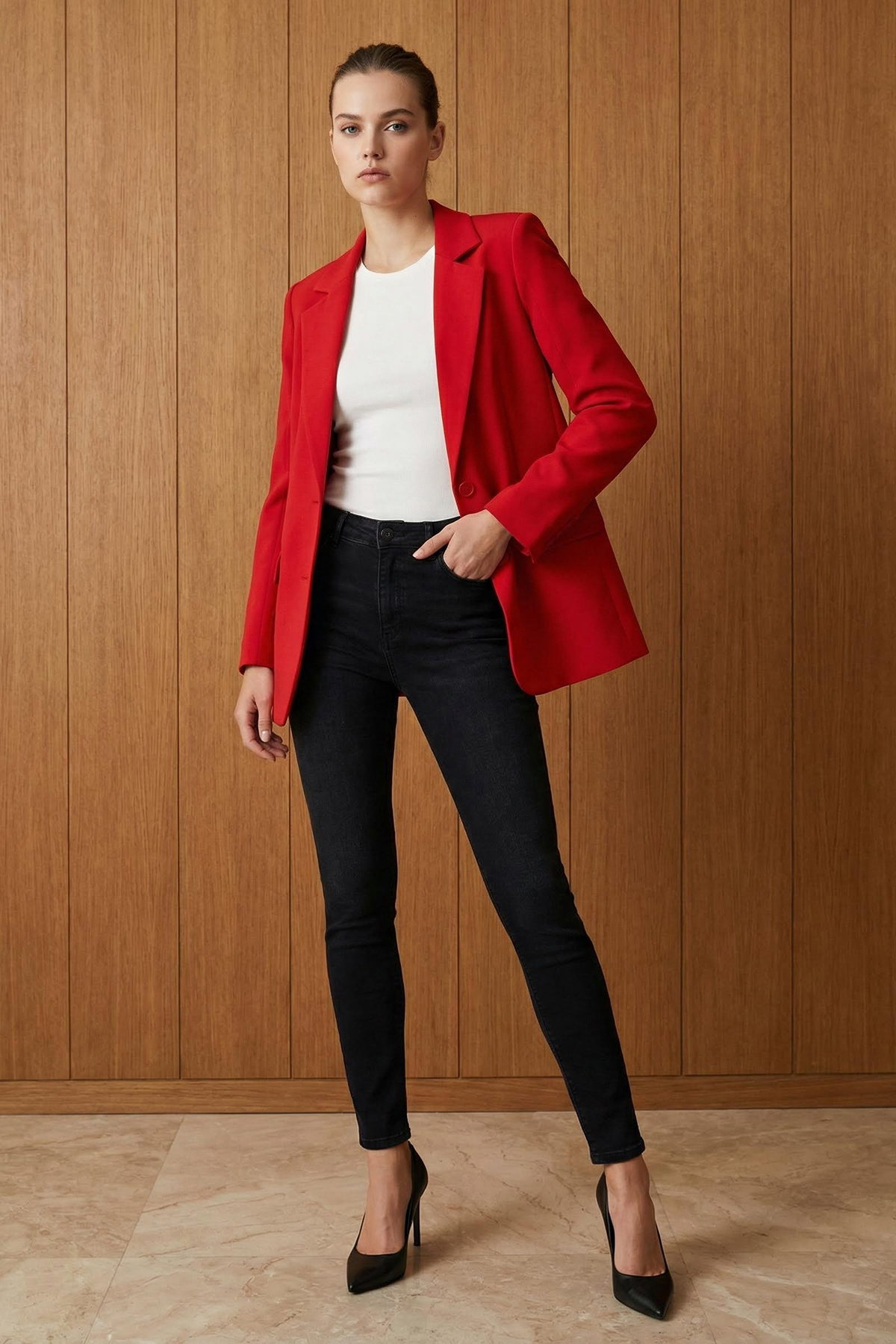 Trendyol Collection Czerwona marynarka z regularną podszewką i zapinana na gu...