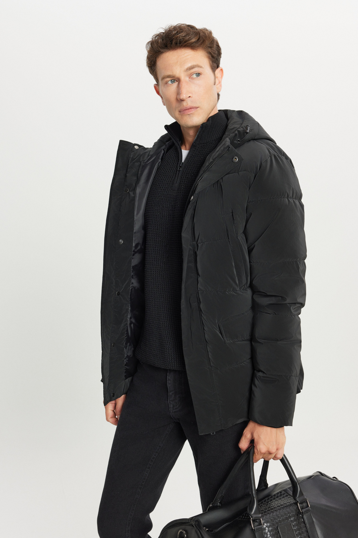 AC&Co / Altınyıldız Classics  Erkek Siyah Soğuk Geçirmez Dolgulu Mont Kaban Standart Fit Dik Yaka Kapüşonlu Kapak Cepli - Görsel 7