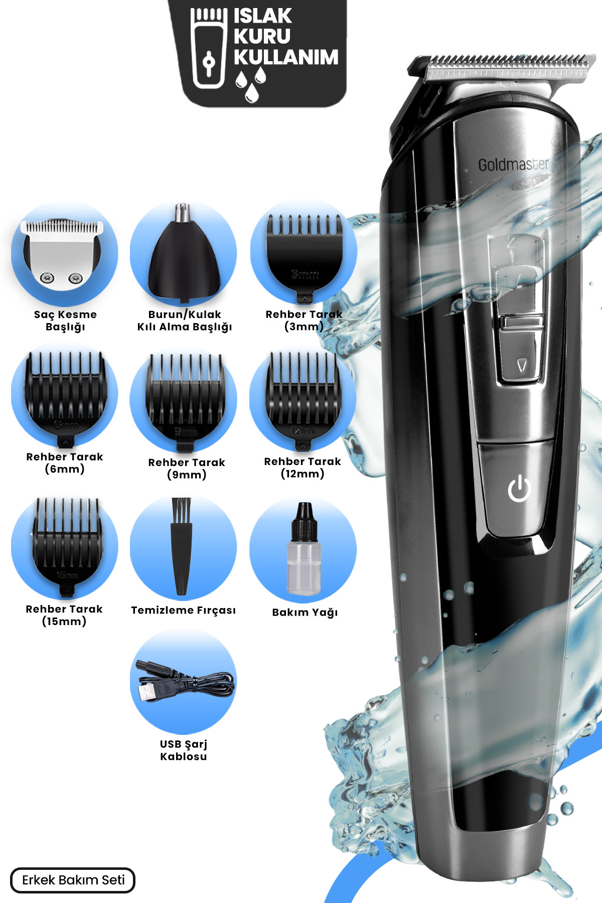 GOLDMASTER Islak Kuru IPX6 Hızlı Şarjlı Çelik Bıçaklı Full Standlı Kablolu Kablosuz Erkek Bakım Seti Kiti