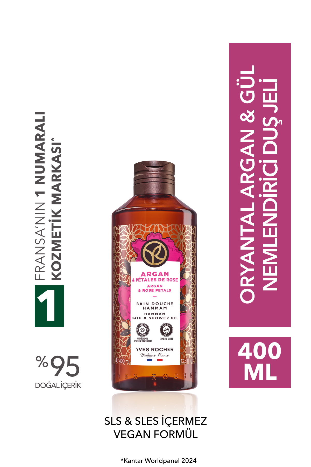 Yves Rocher Duş Jeli - Nemlendirici Oryantal Argan ve Gül - SLS,SLES İçermez,Vegan-400ml