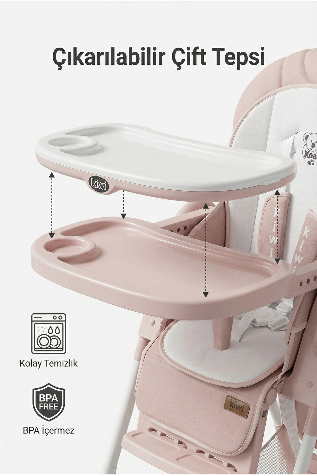 Kiwi Koala Mama Sandalyesi Portatif Katlanır Yükseklik Ayarlı Tekerlekli İçi Pedli - Rose Pink fotoğrafı 3 (önizleme)