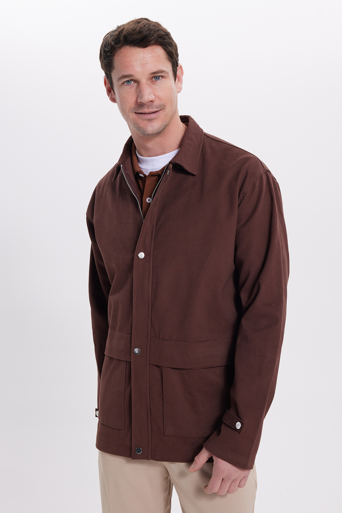 Tudors  Erkek Relax Fit Rahat Kesim %100 Pamuk Çift Cepli Fermuarlı Kiremit Mont Gömlek - Görsel 3