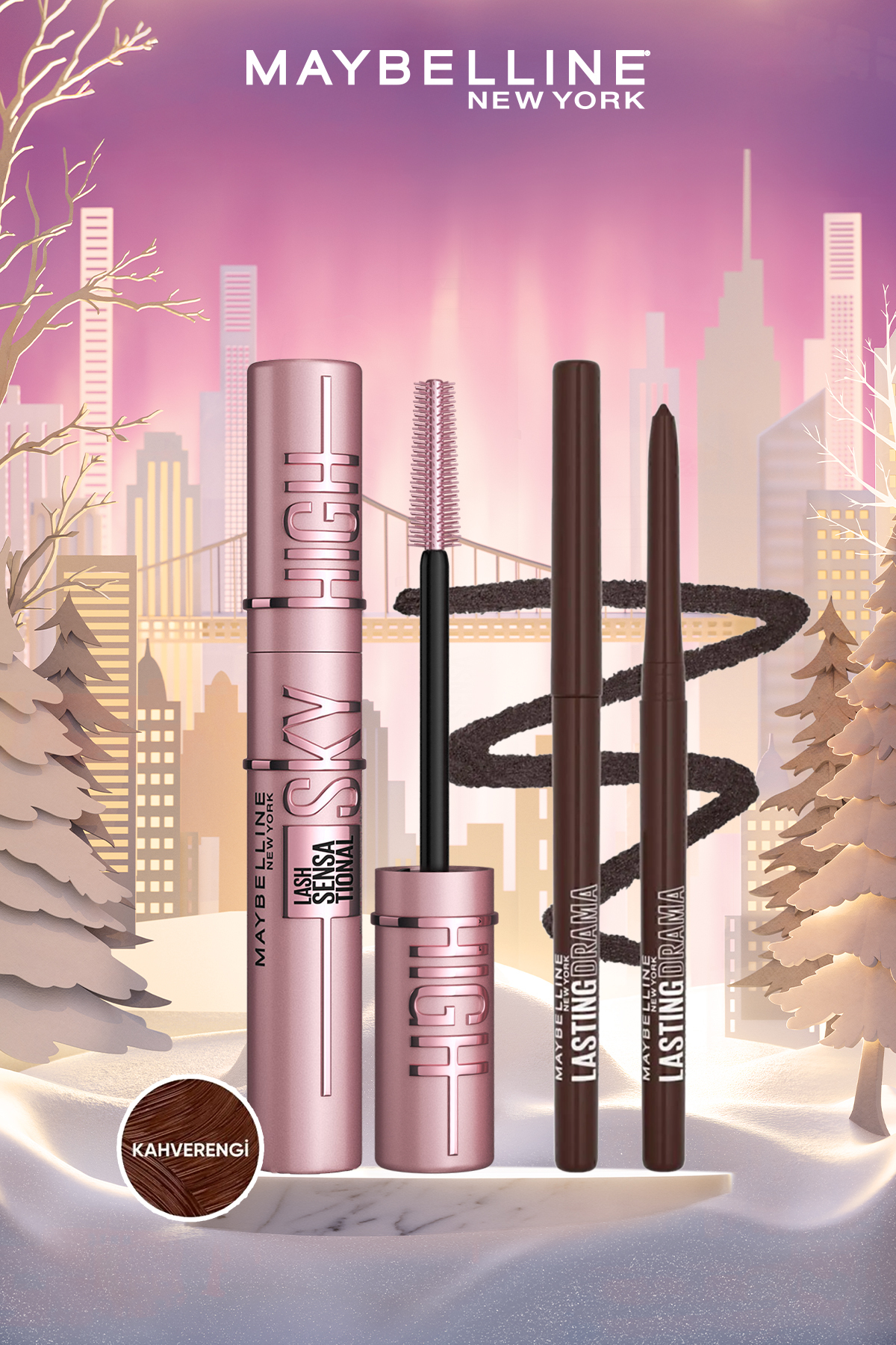 میبلین نیویورک ریمل قهوه‌ای Lash Sensational Sky High و خط چشم Lasting Drama با شکر قهوه‌ای