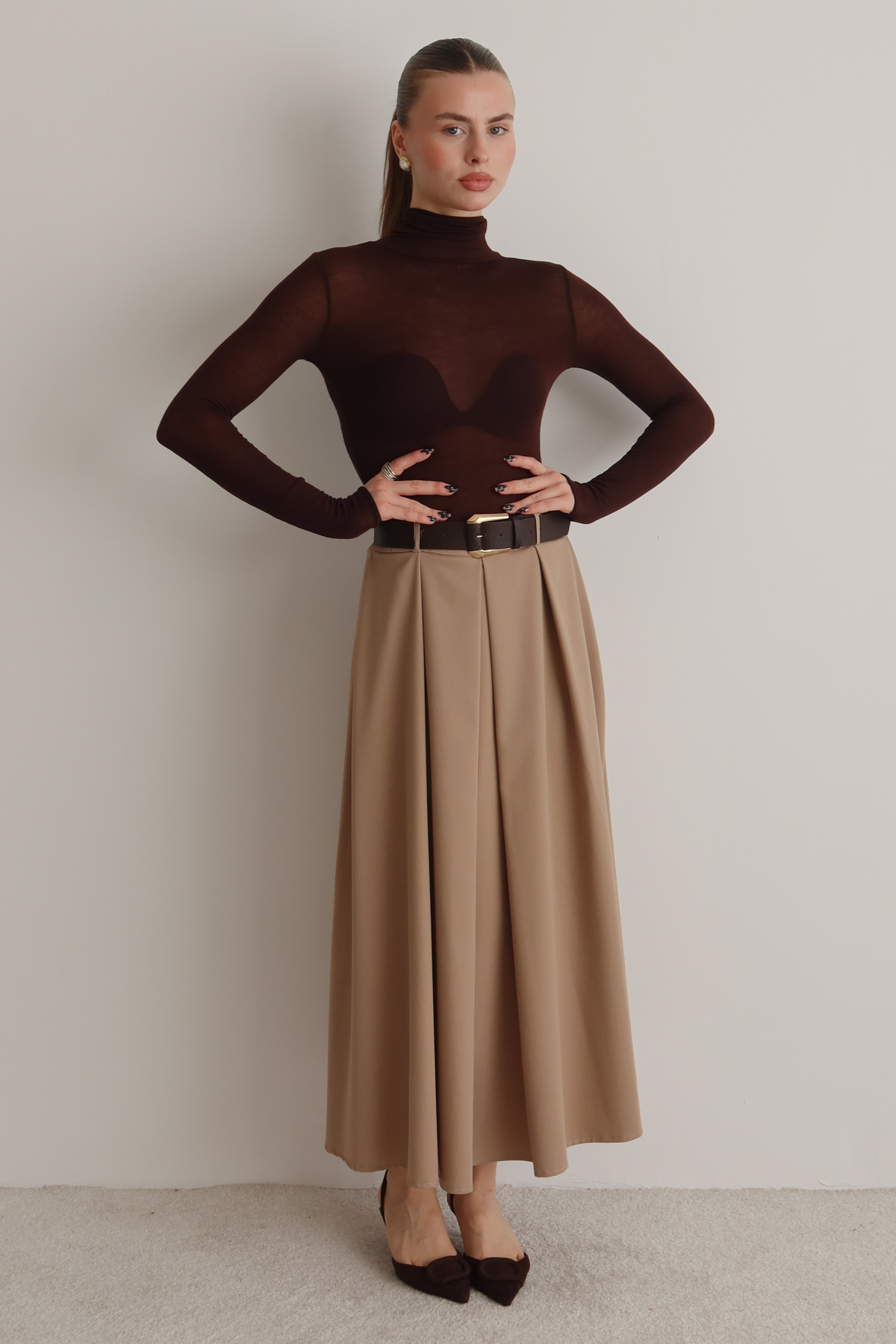 Trendyolmilla  Bej Kemerli A-line Kloş Dokuma Maxi Uzun Etek TWOAW26ET00168 - Görsel 5