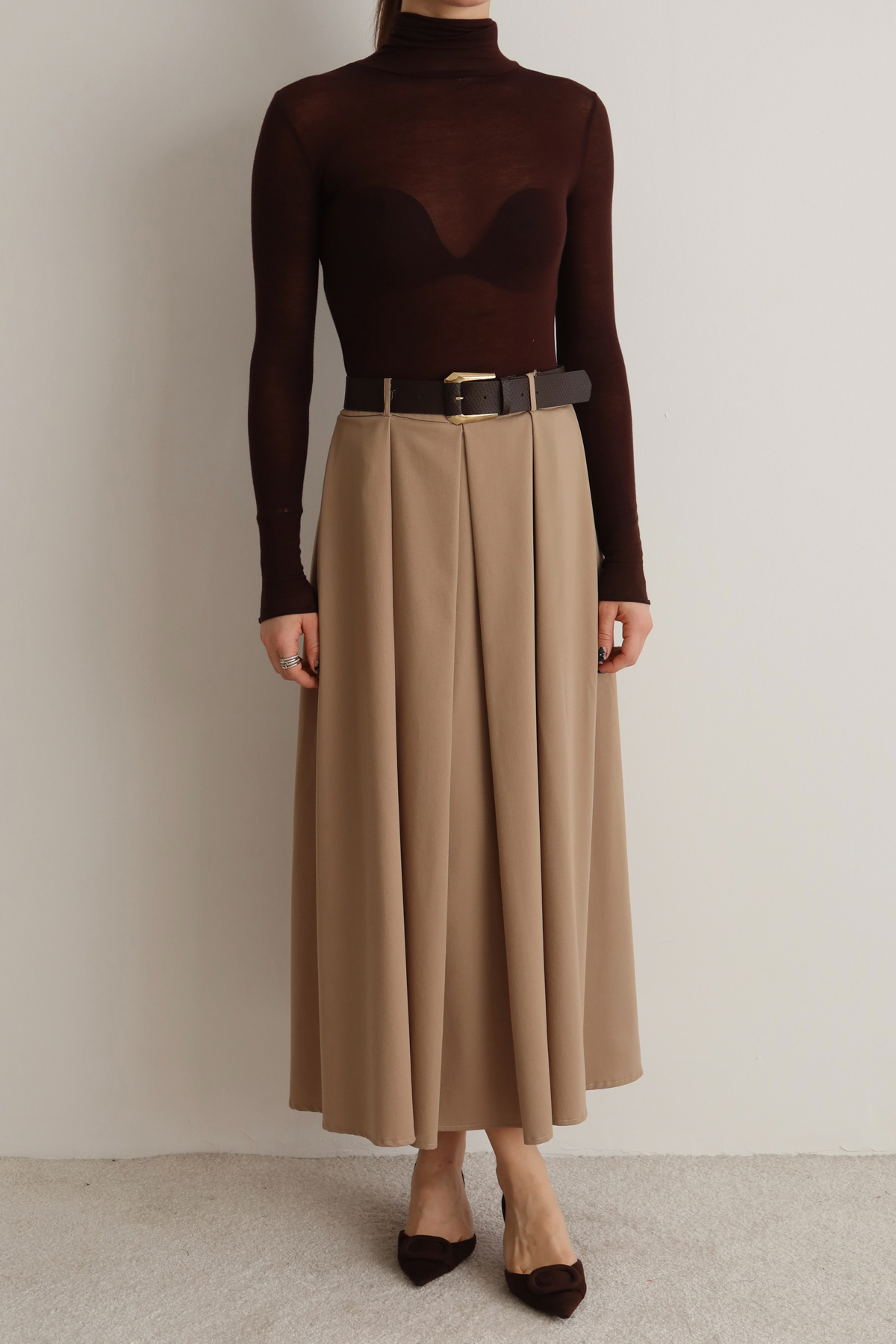 Trendyolmilla  Bej Kemerli A-line Kloş Dokuma Maxi Uzun Etek TWOAW26ET00168 - Görsel 6