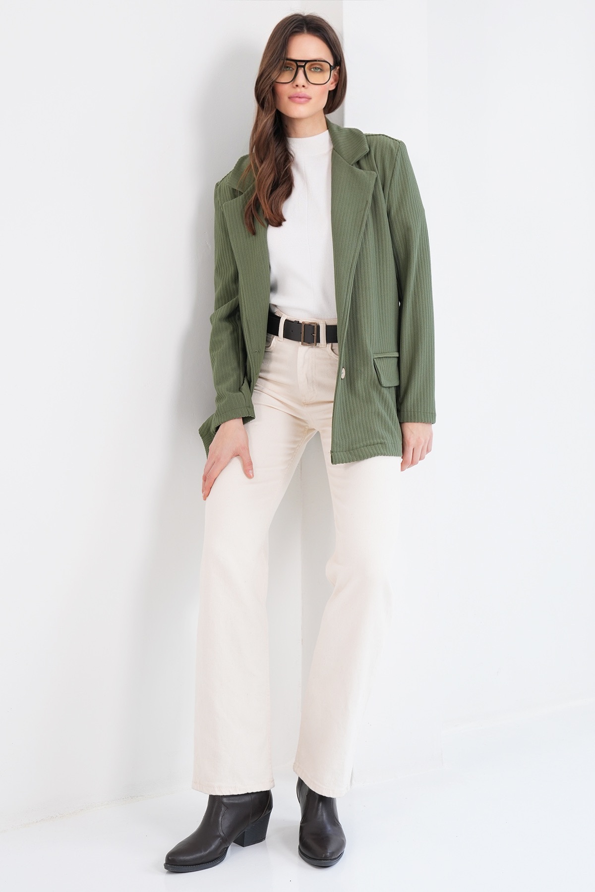 Trend Alaçatı Stili  Yeşil Oversize Blazer Ceket ALC-X14776 - Görsel 4